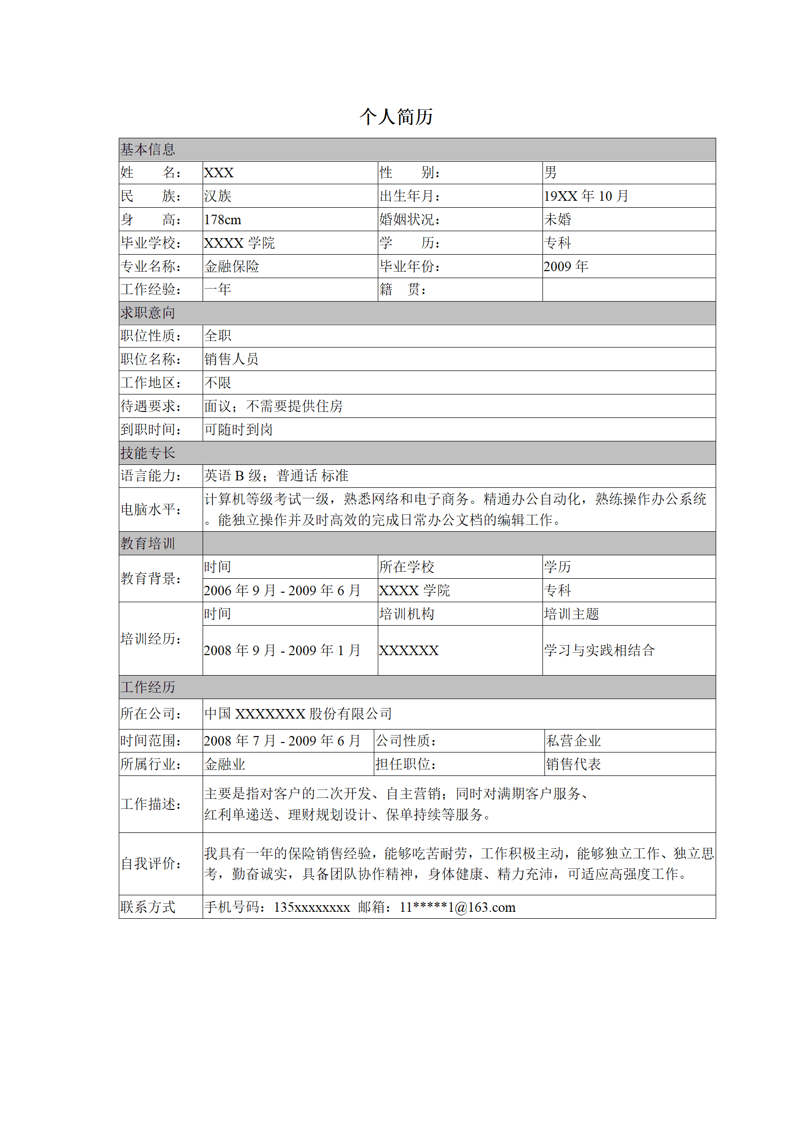 应聘销售类岗位表格简历模板