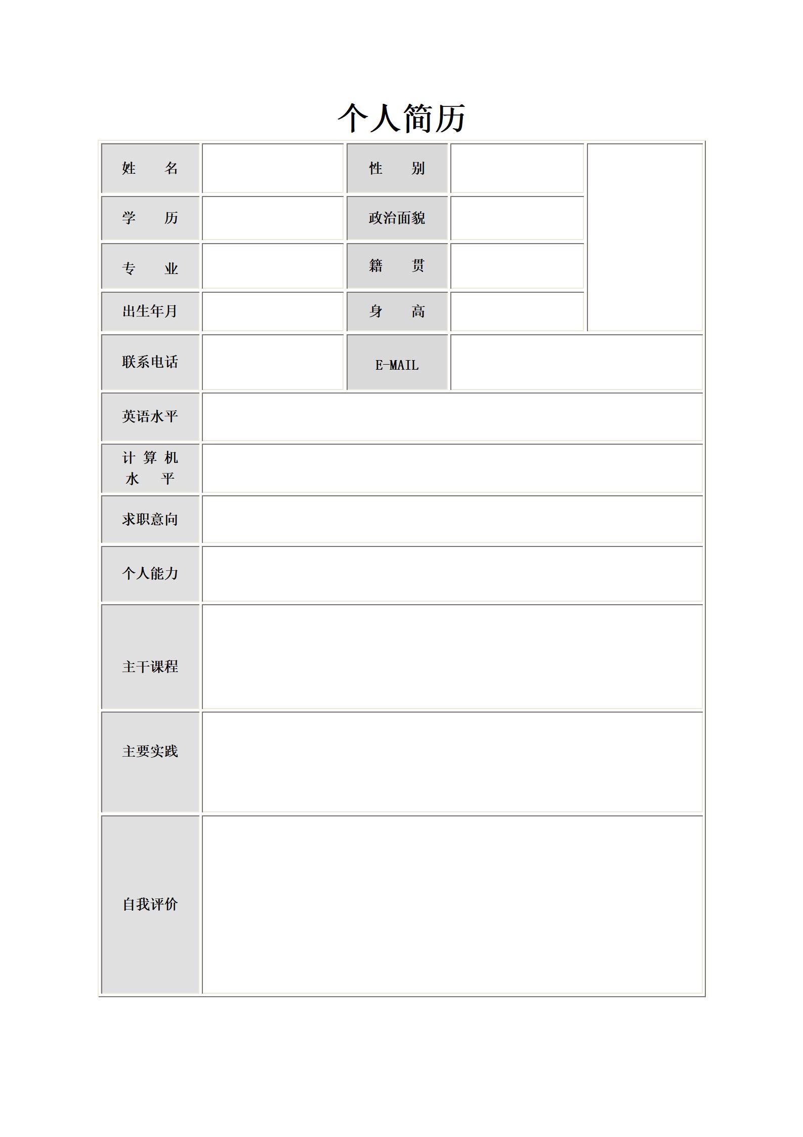 专业求职空白简历表格