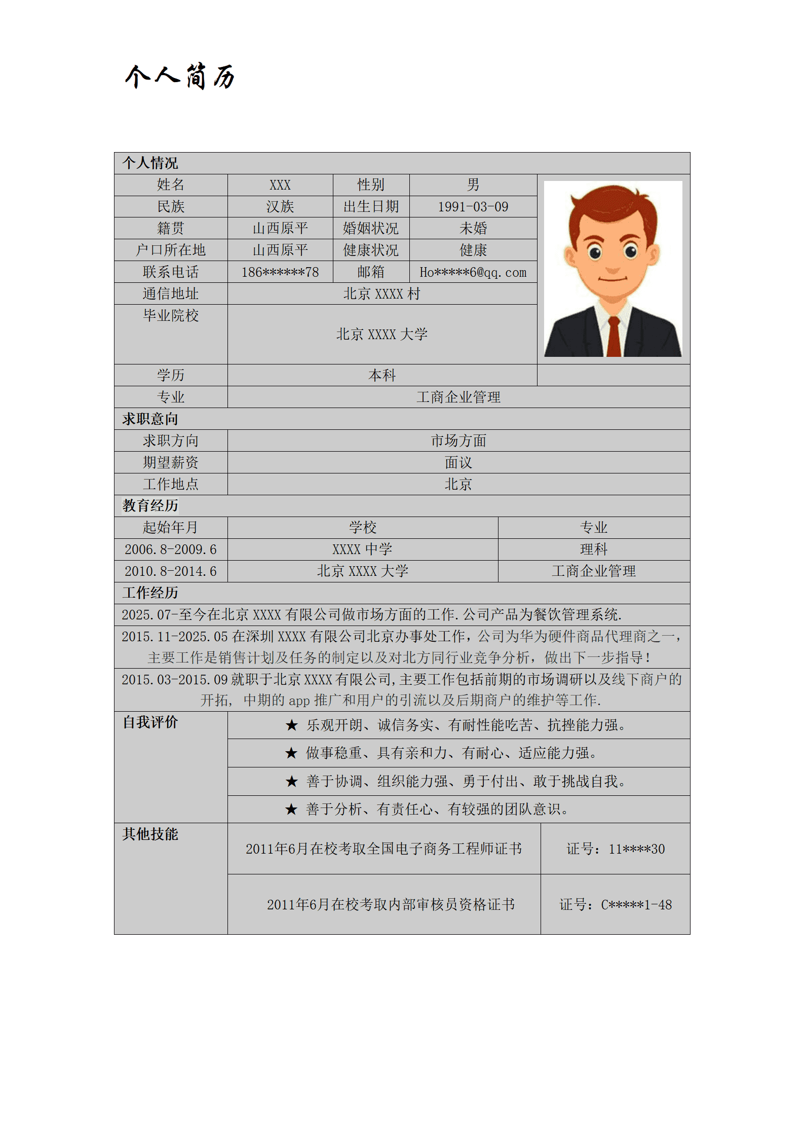 市场营销业务销售拓展类岗位表格简历模板