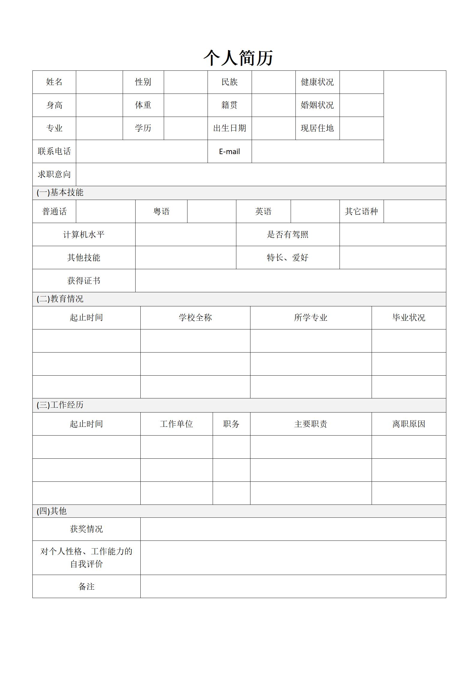 打开职场大门空白简历