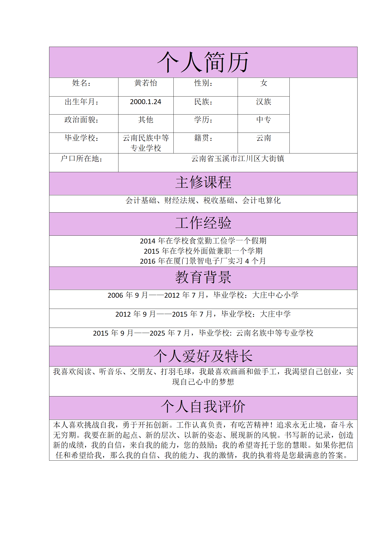 中专应届毕业生表格求职简历模板