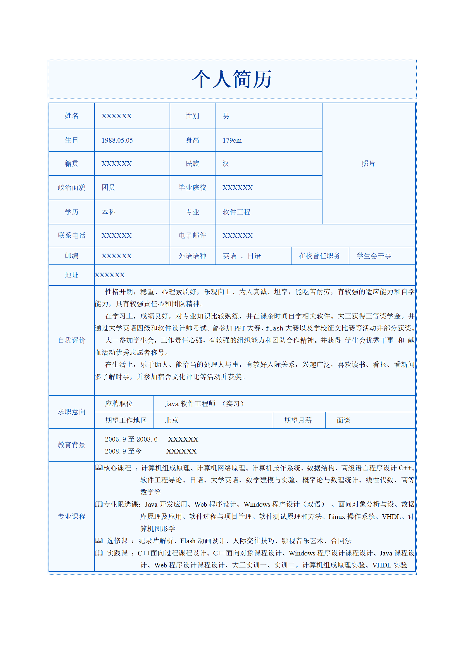 软件开发工程师相关岗位表格简历模板