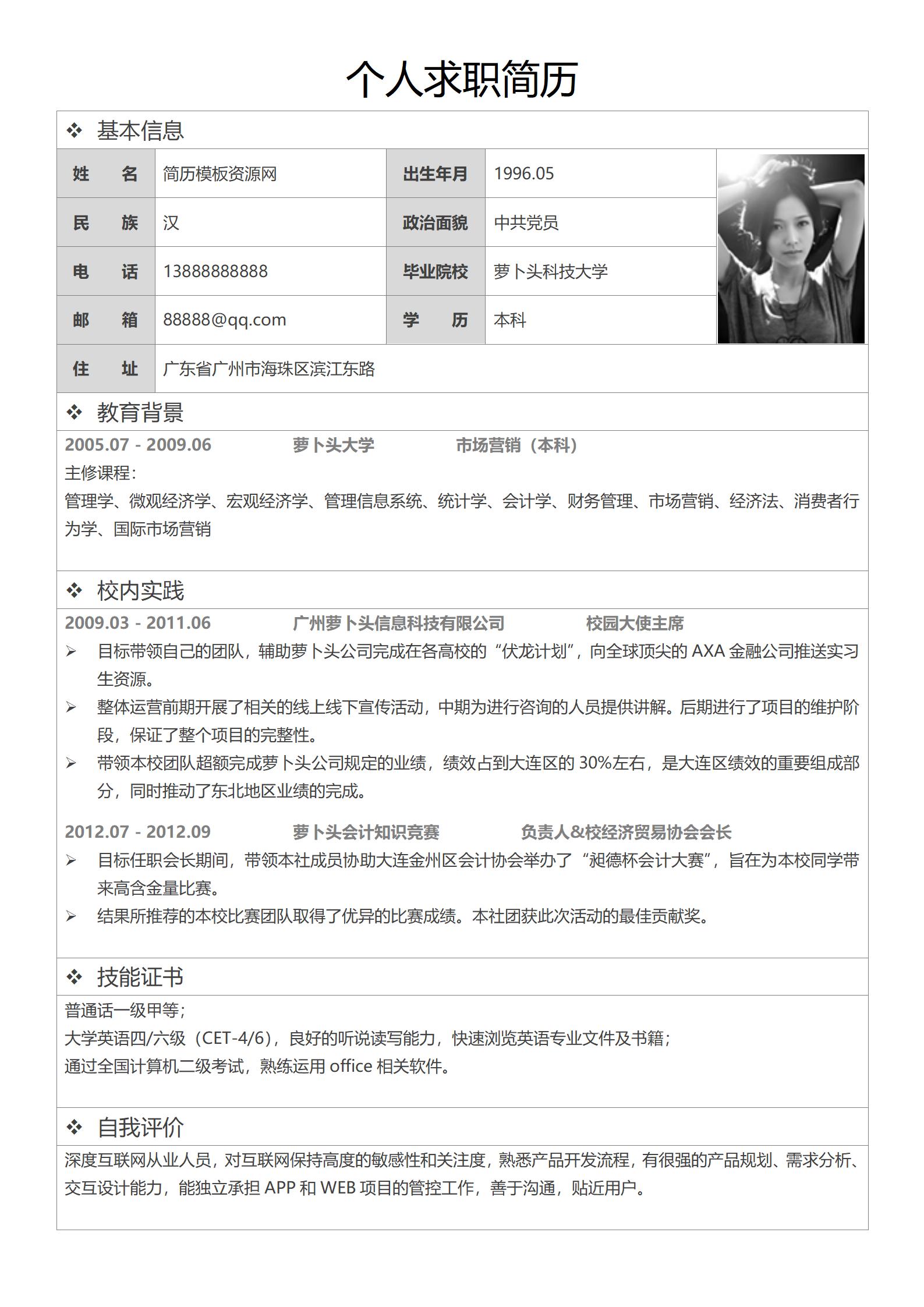 市场营销免费表格式简历模板