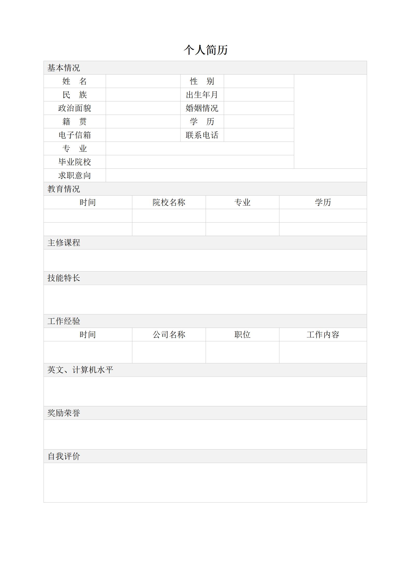 适应各职位空白简历表格