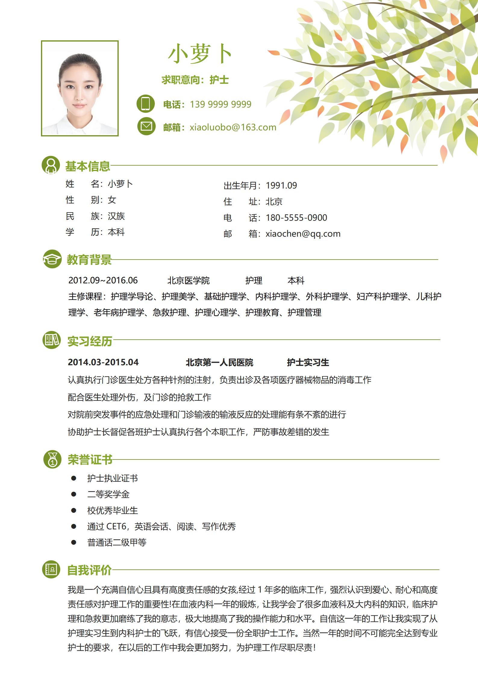 页简历展示护士职业技能与经验