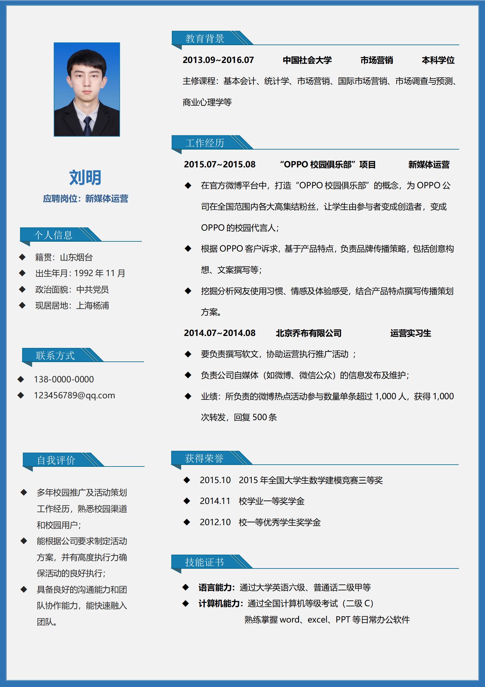 新媒体运营免费简历模板