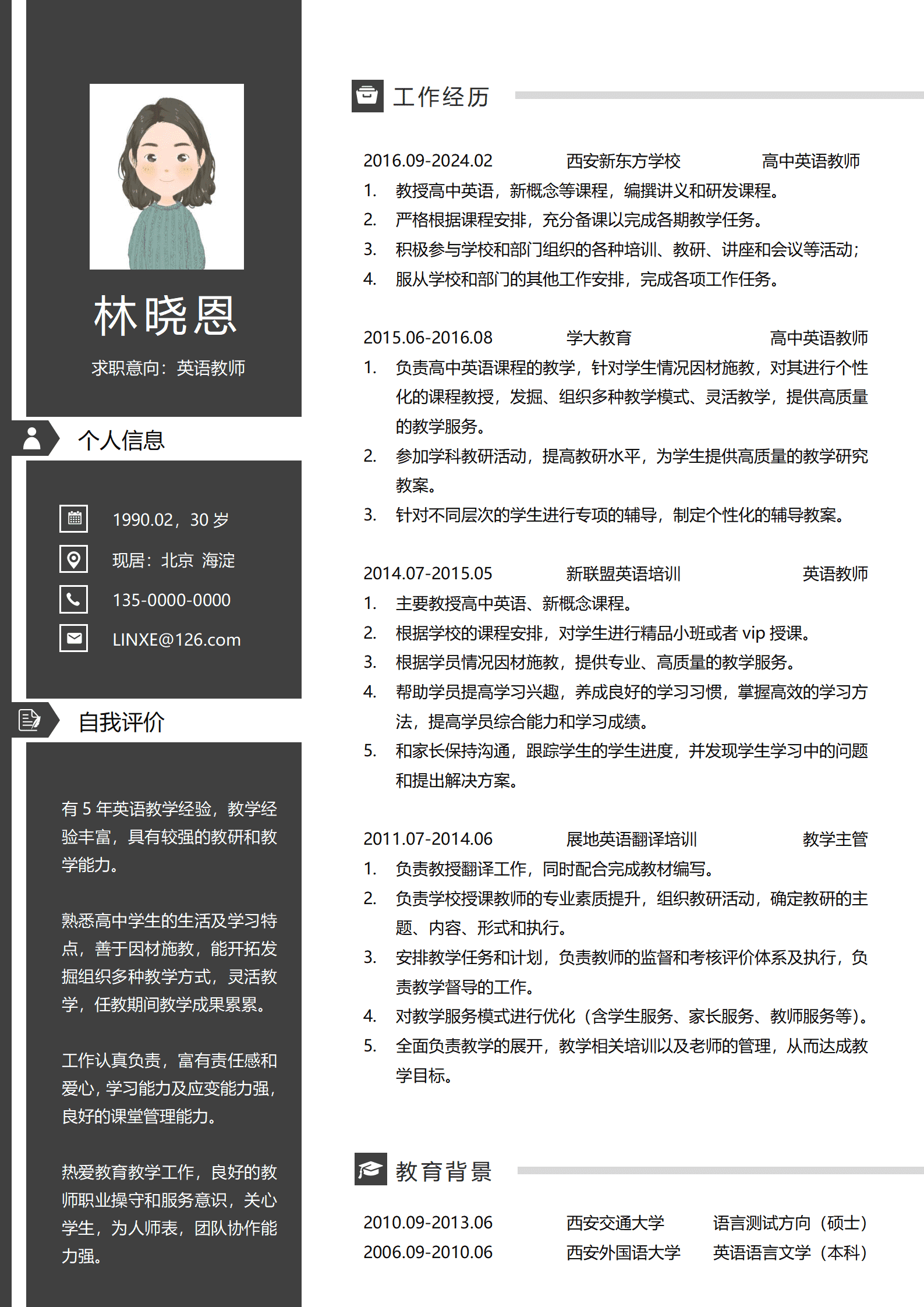 高中英语老师个人简历模板（多年经验）