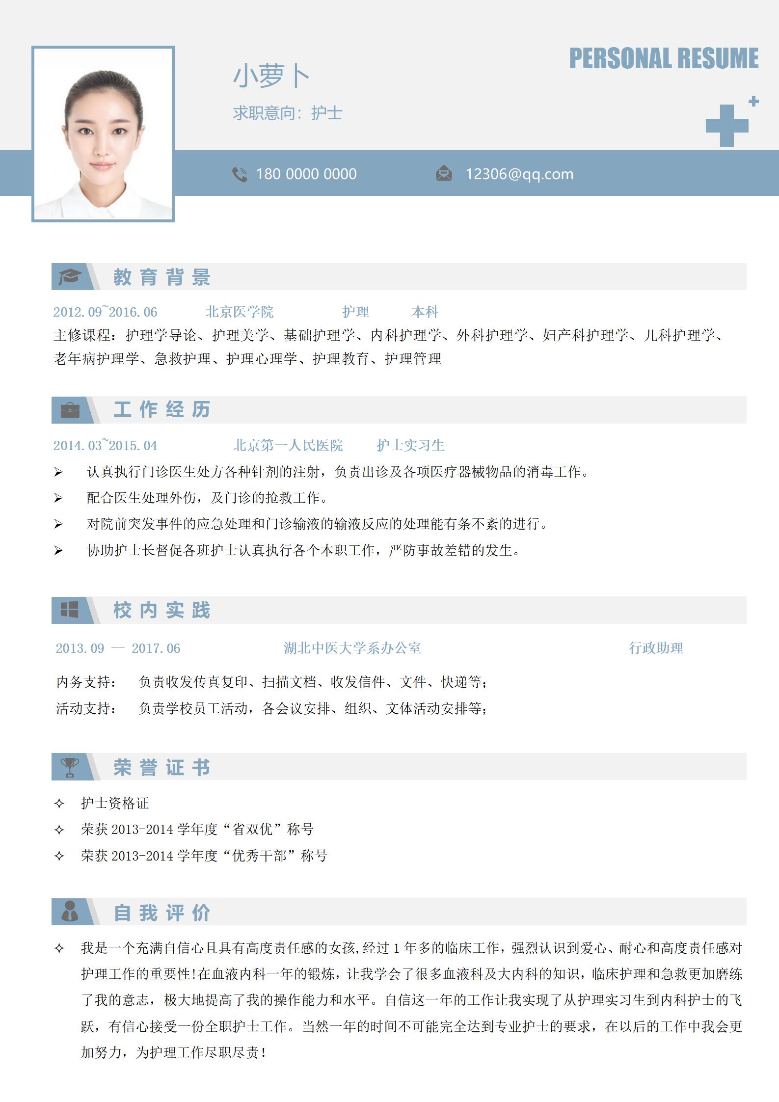 蓝色护士简历模板