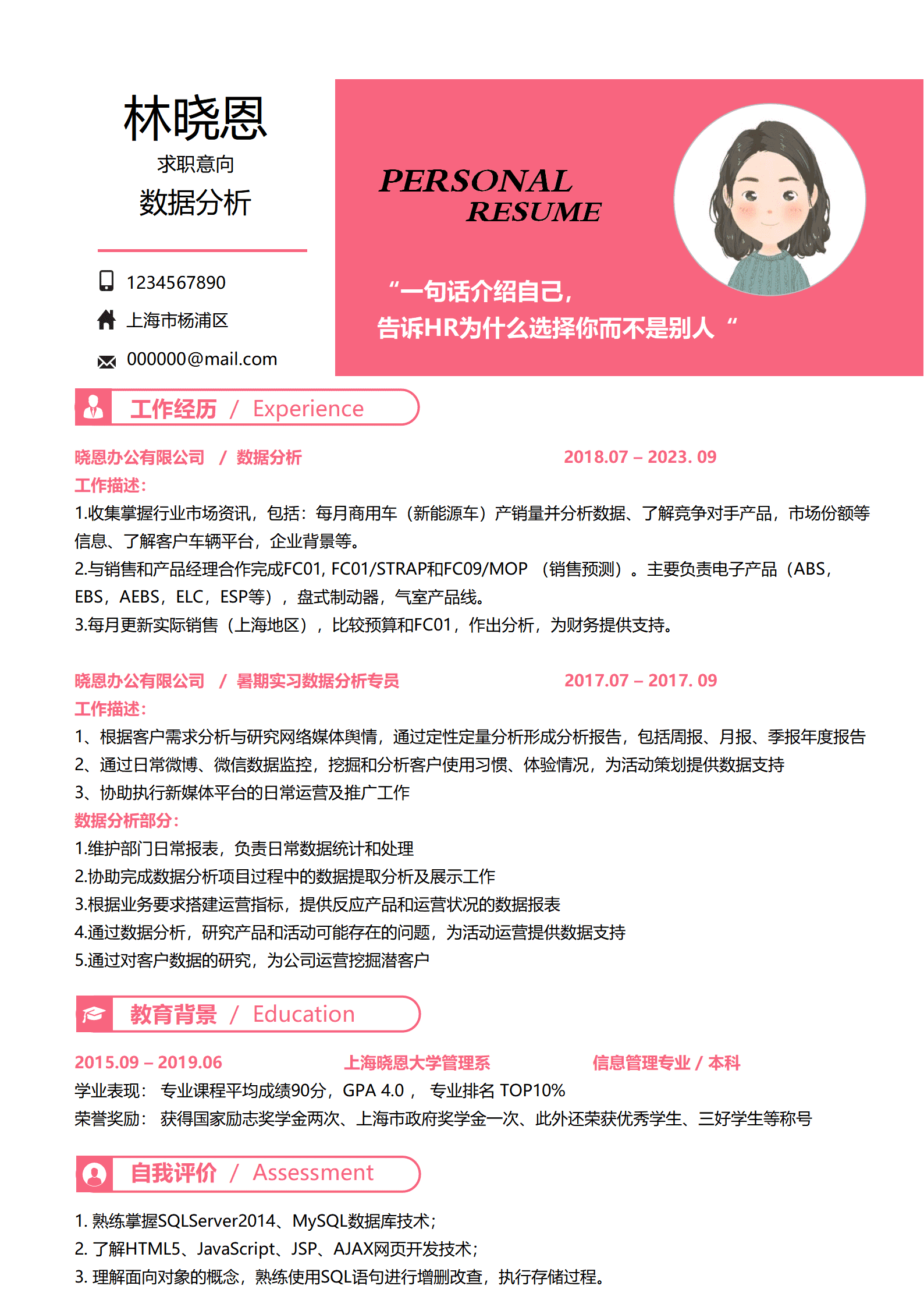 市场资讯数据分析师简历