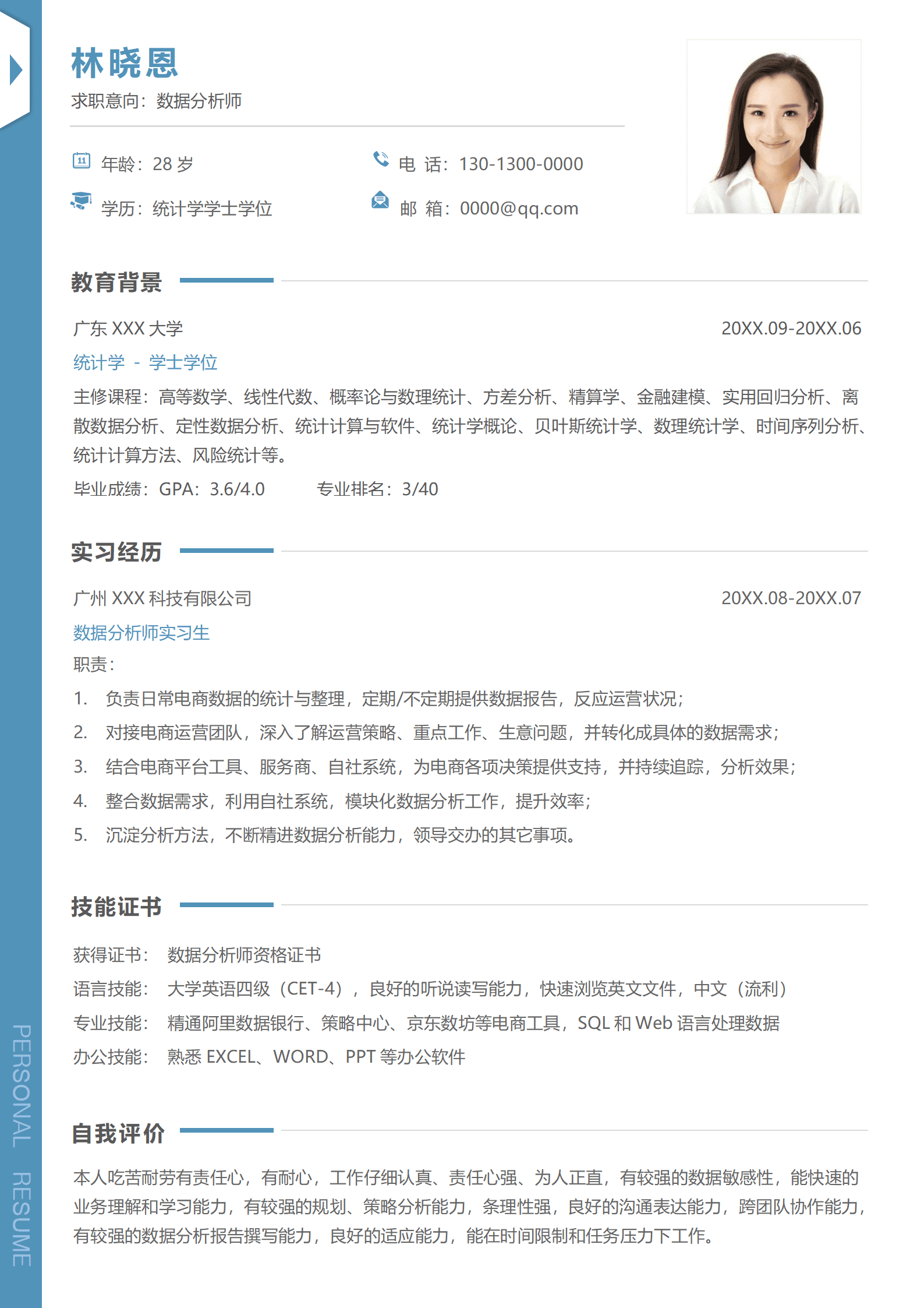 广州实习简历模板 电商数据统计经验