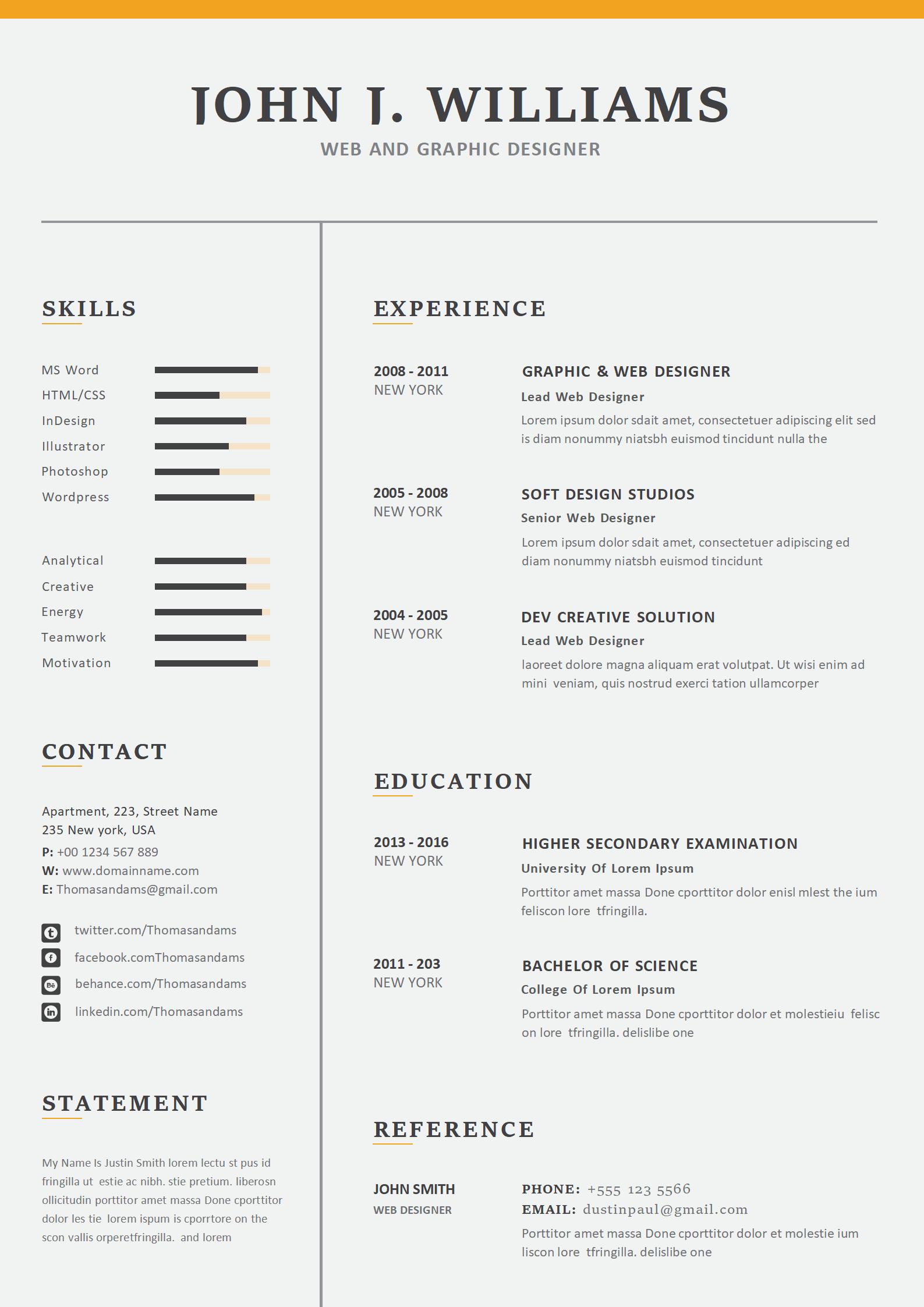 免费明亮色系现代英文简历模板