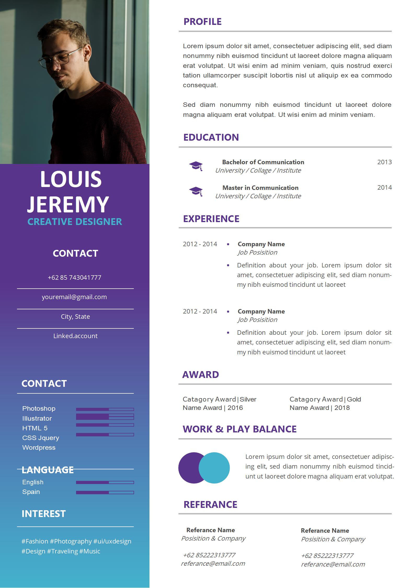 创意紫免费英文简历模板（独特设计）