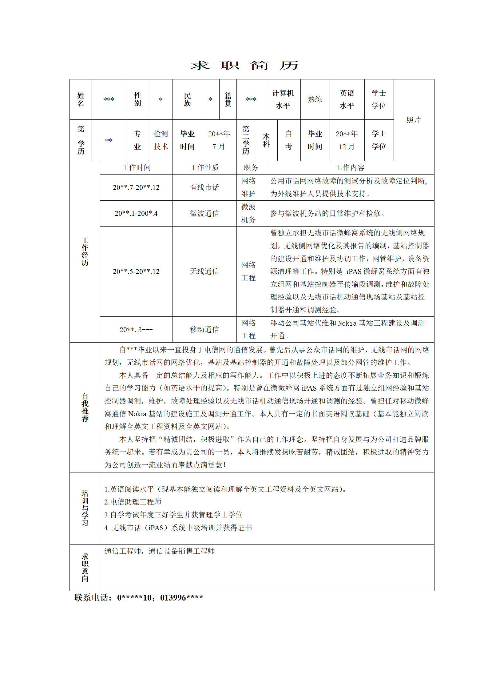 简历模版——通信工程师