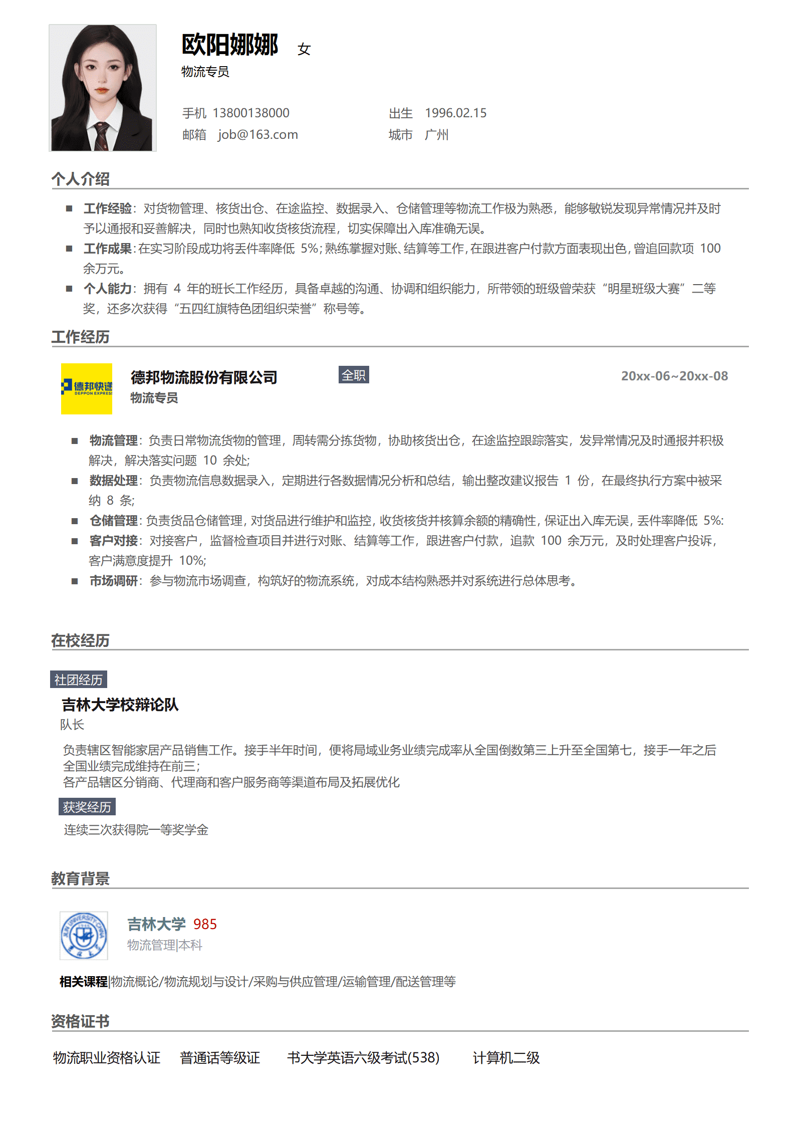 仓库数据员简历