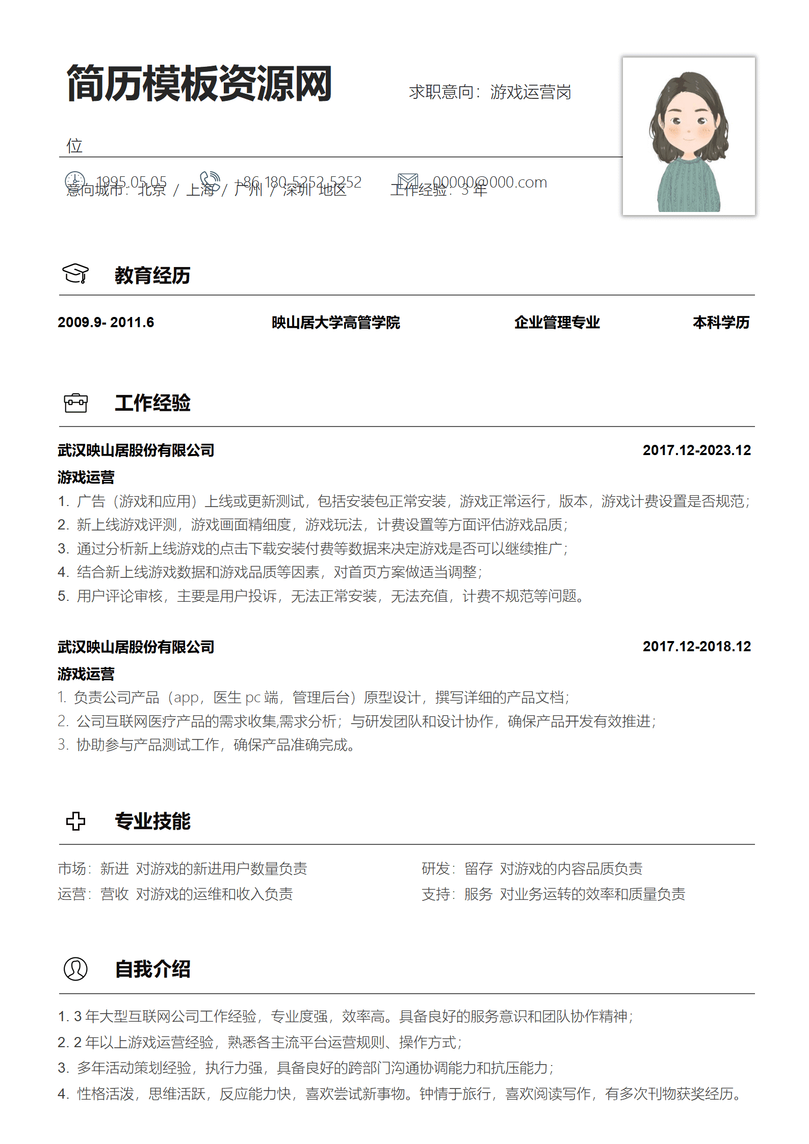 游戏工会运营简历