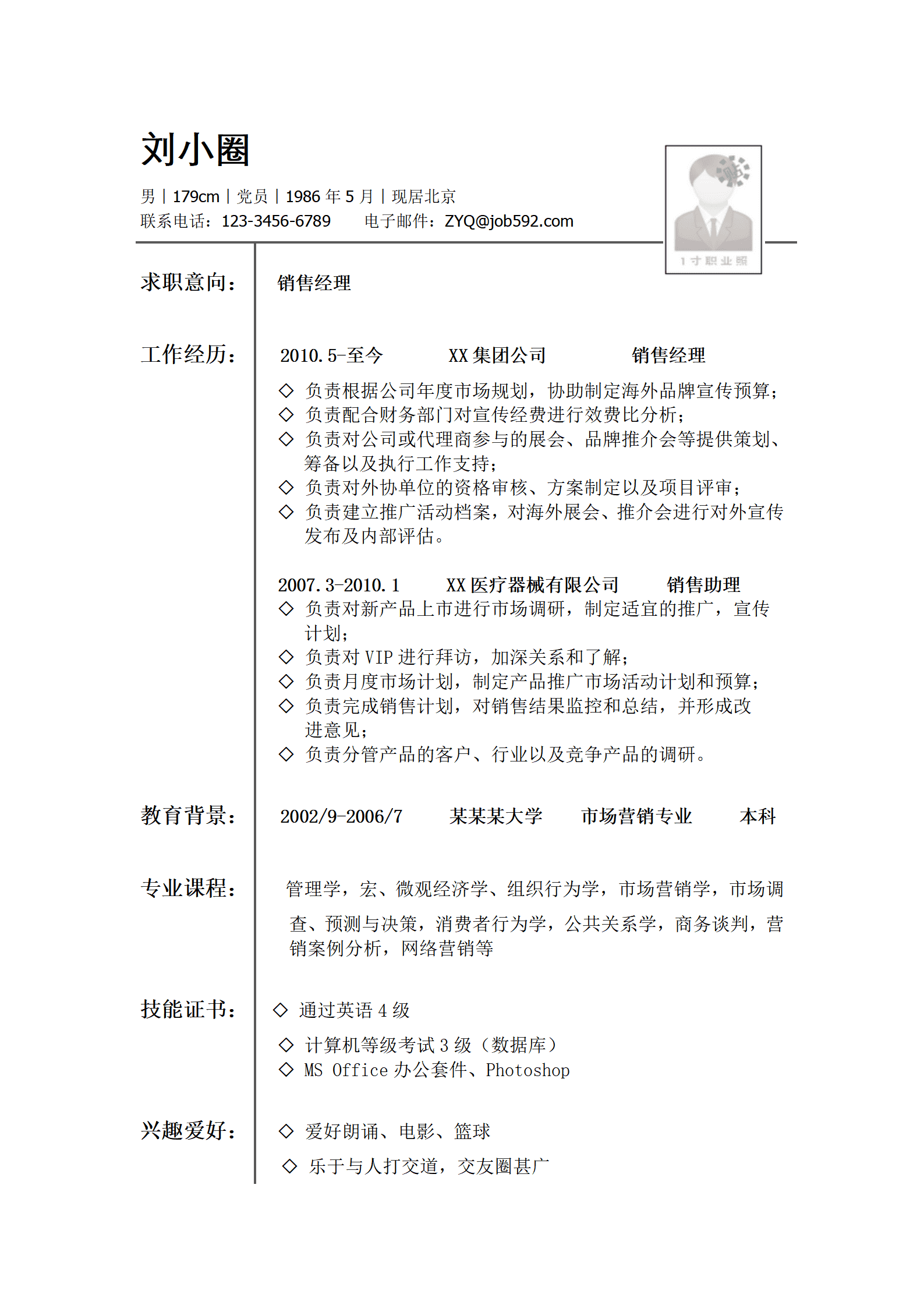 市场营销专业简历模板(1)