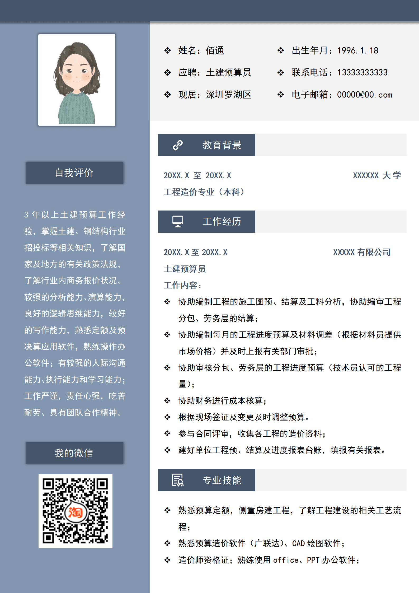 年以上土建预算经验简历模板