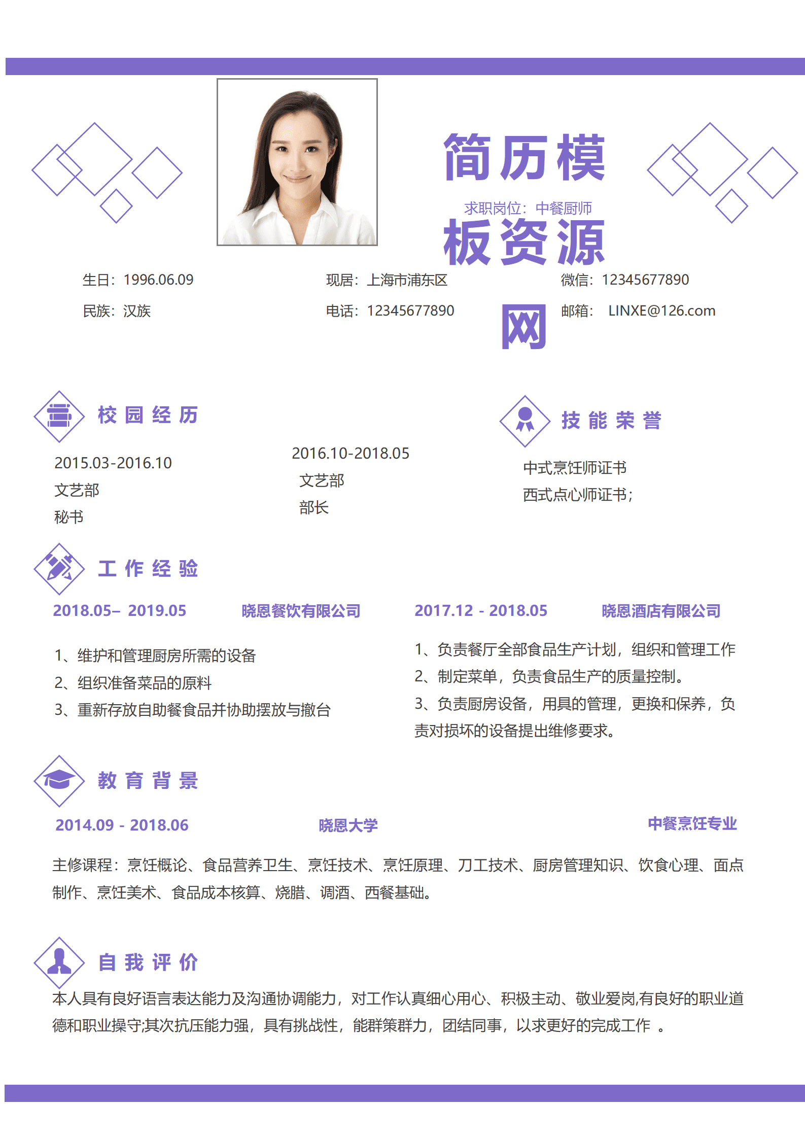 西餐应聘厨师简历模板