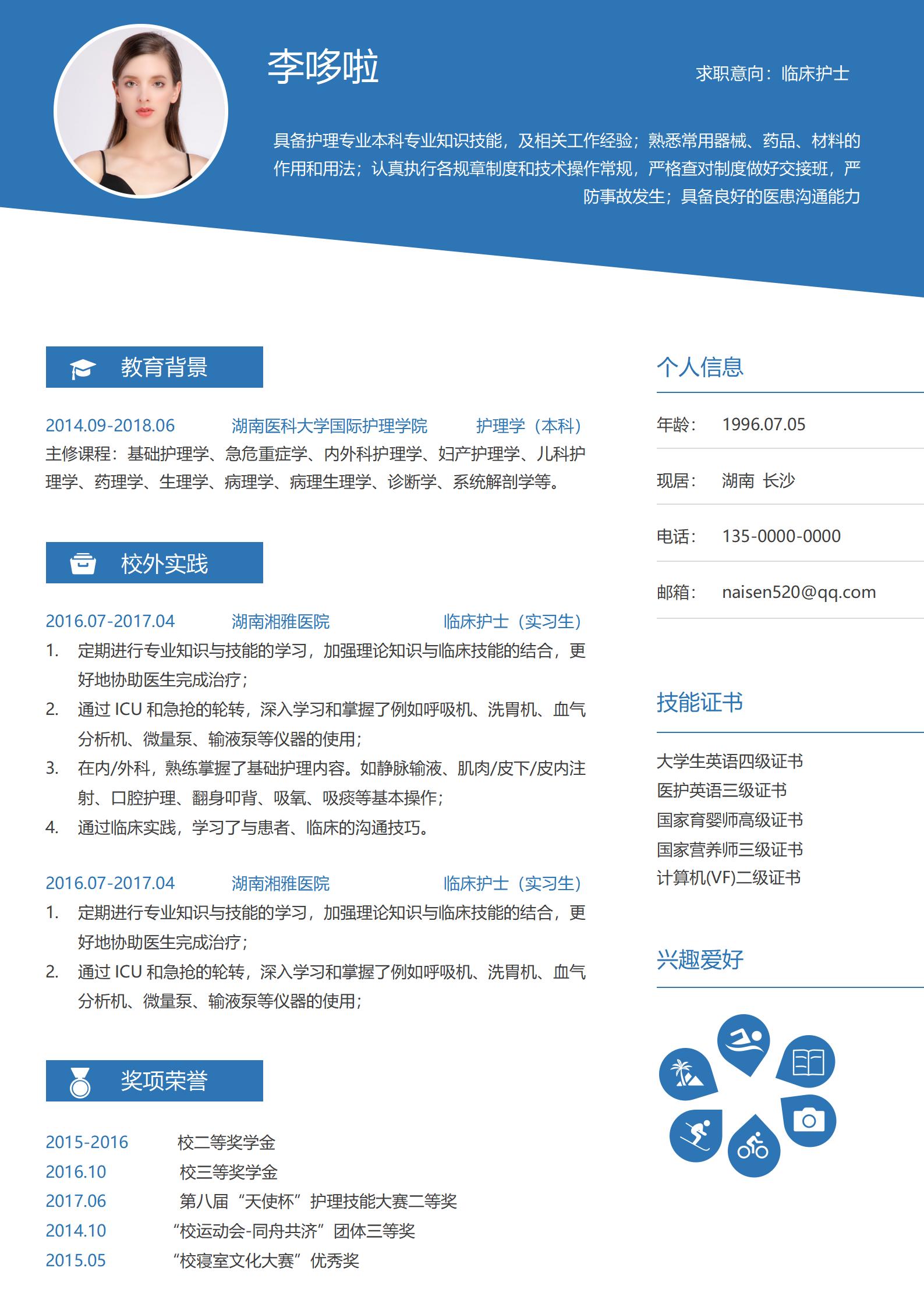 专业护士单页简历模板