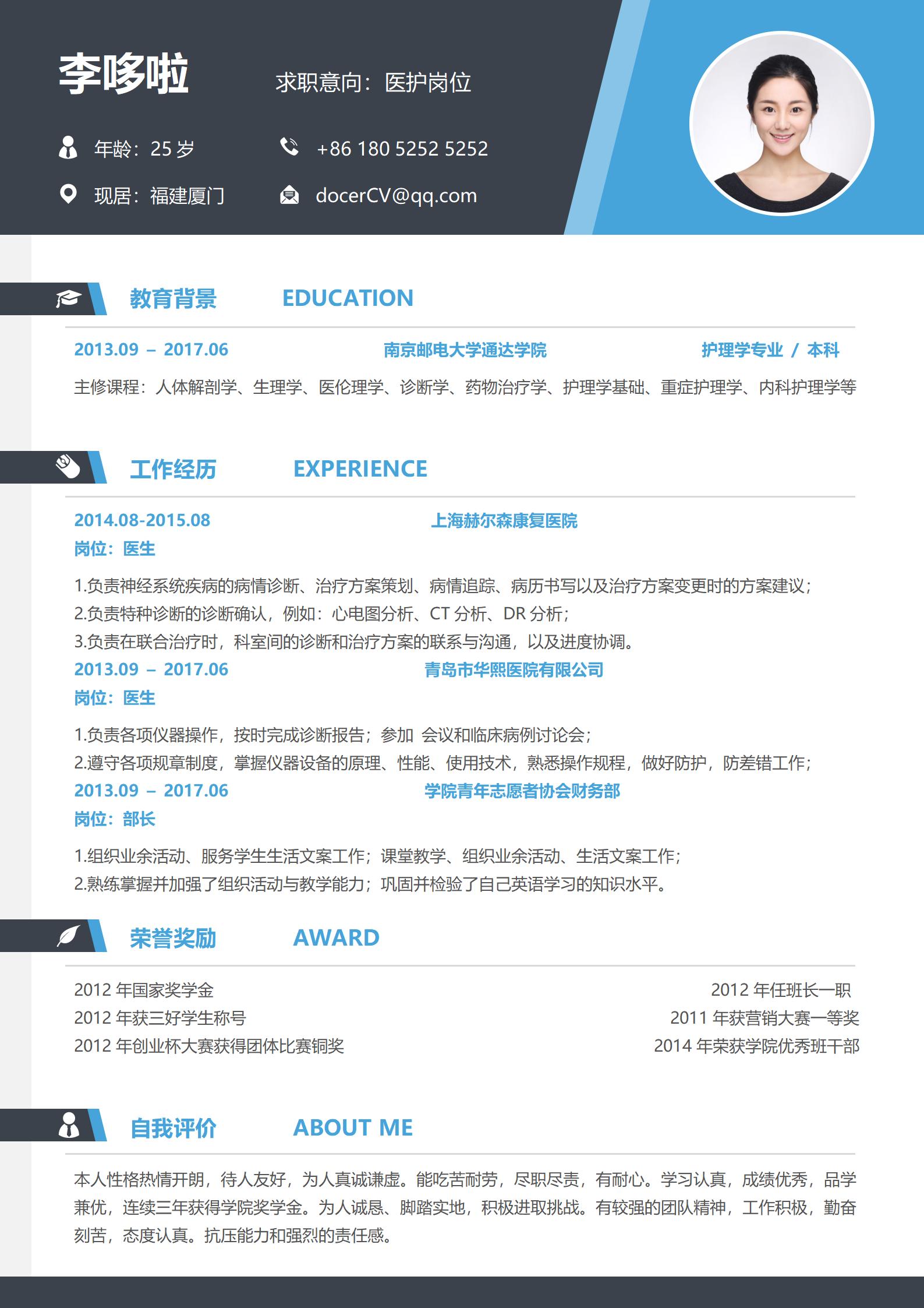 单页护士简历模板优选