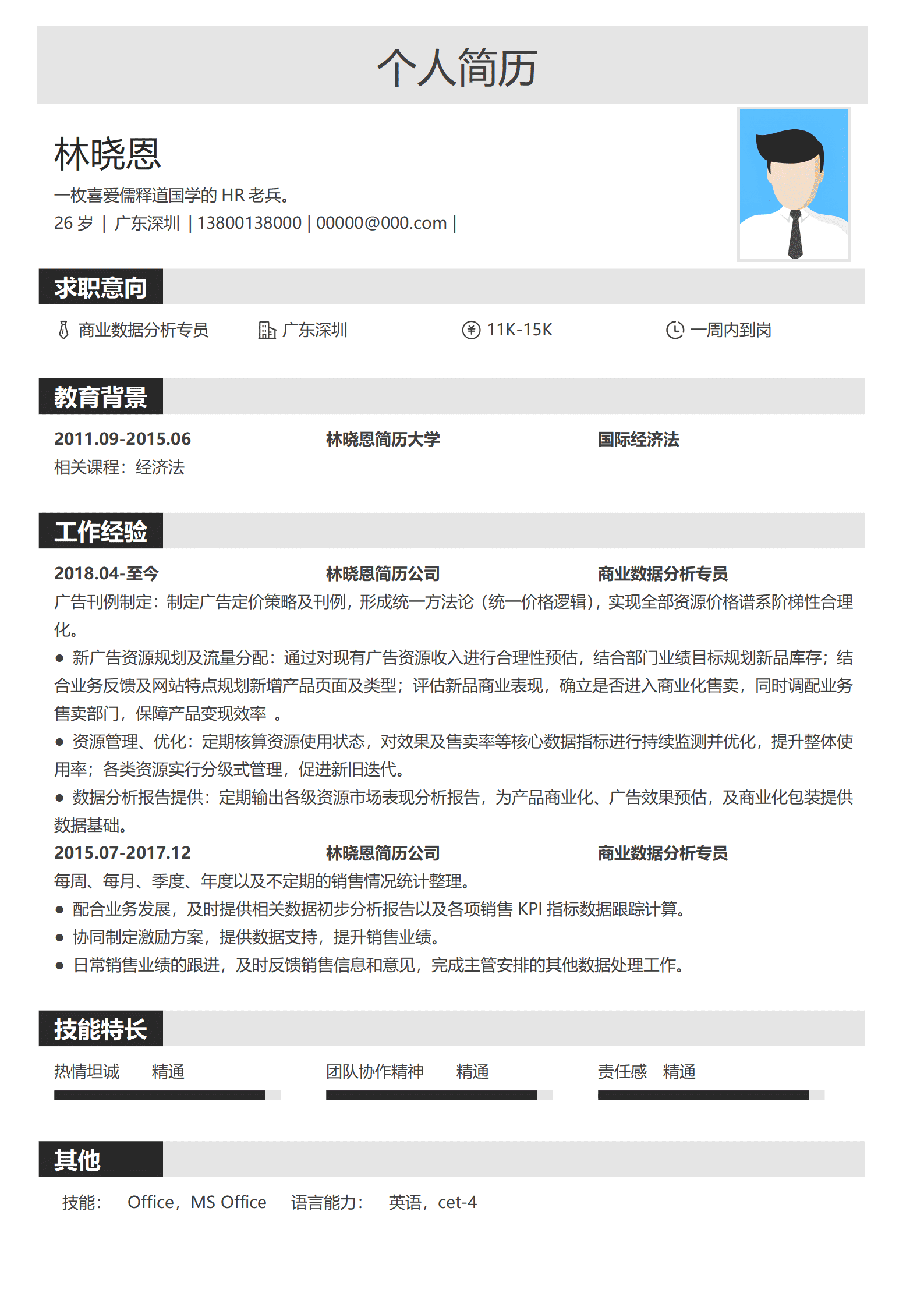 广告资源管理简历模板 数据分析报告专家