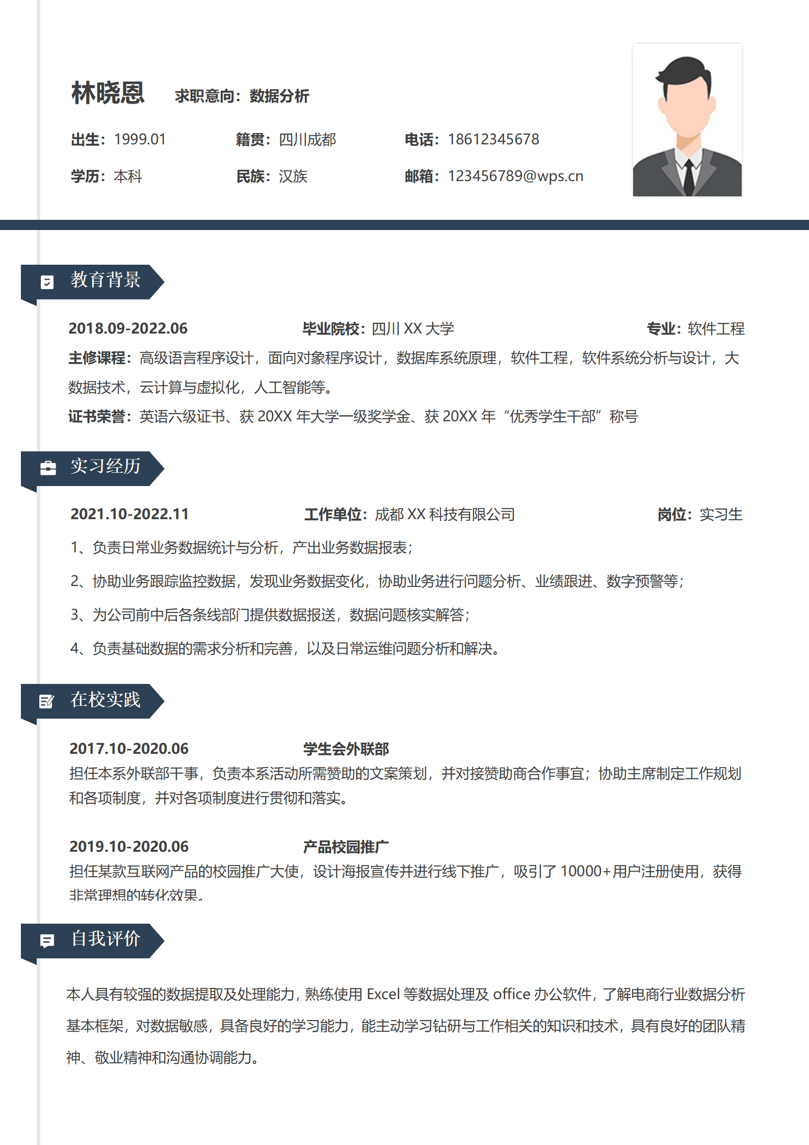 电商数据分析简历模板 实习经历丰富