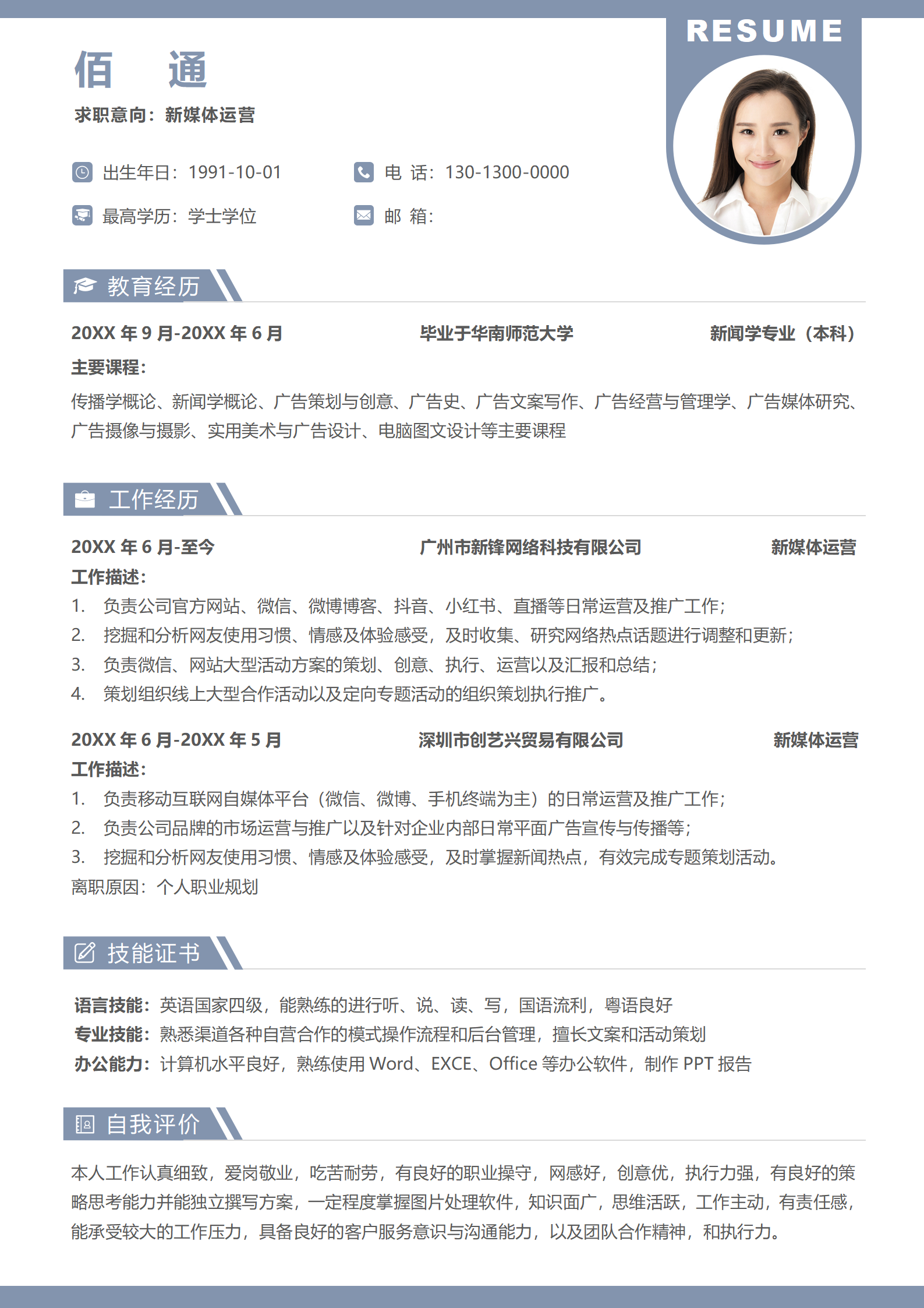 新媒体行业简历模板