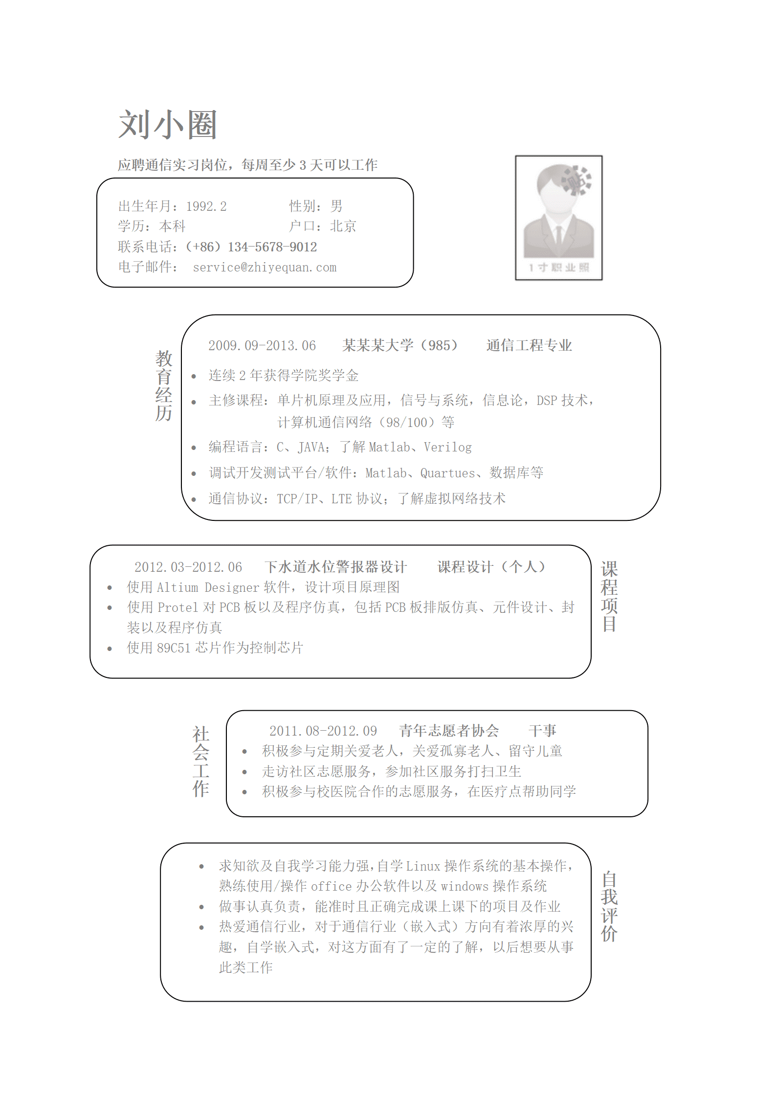 通信实习岗位简历模版