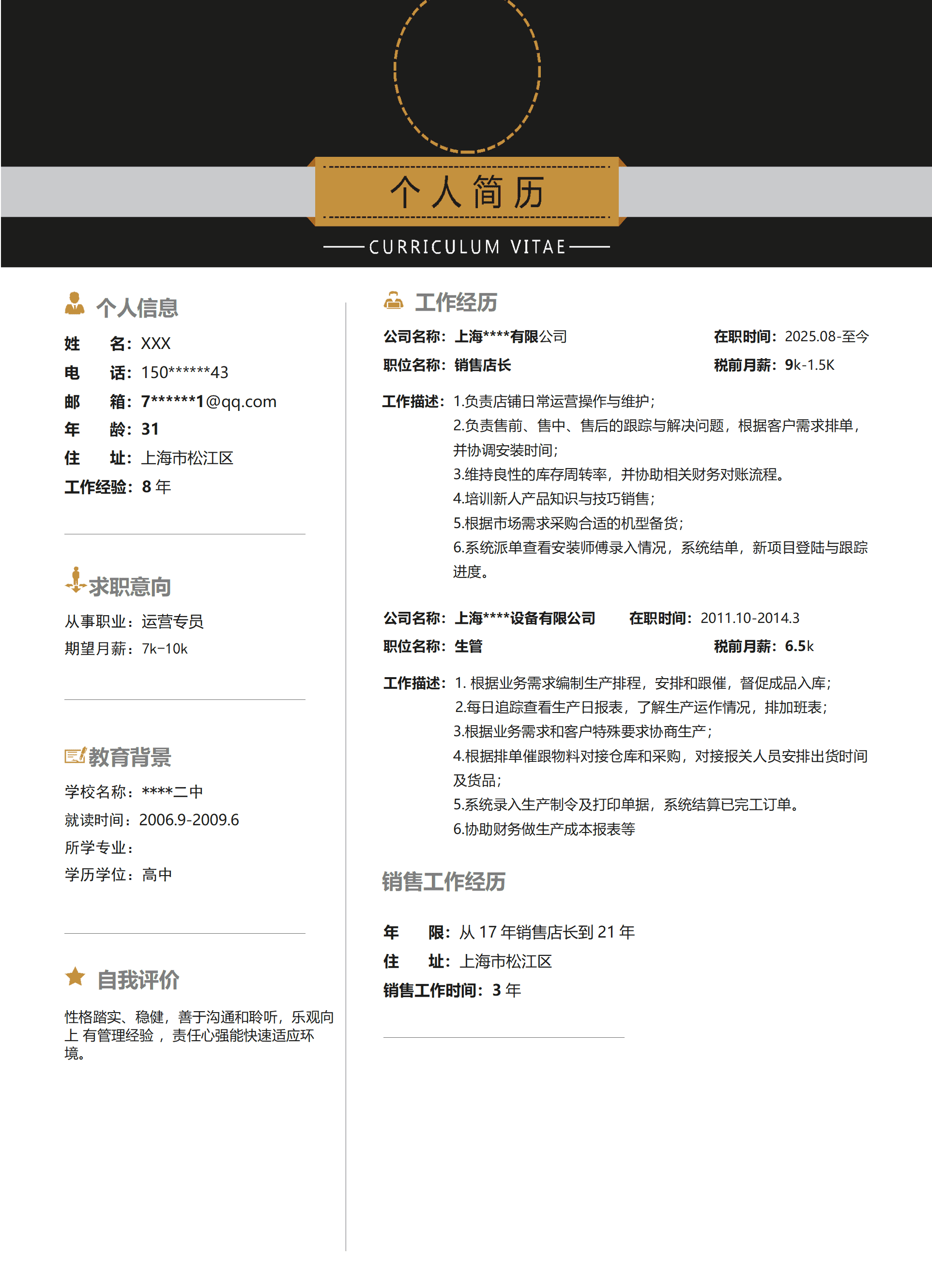 电子商务网店营运管理类岗位求职简历模板