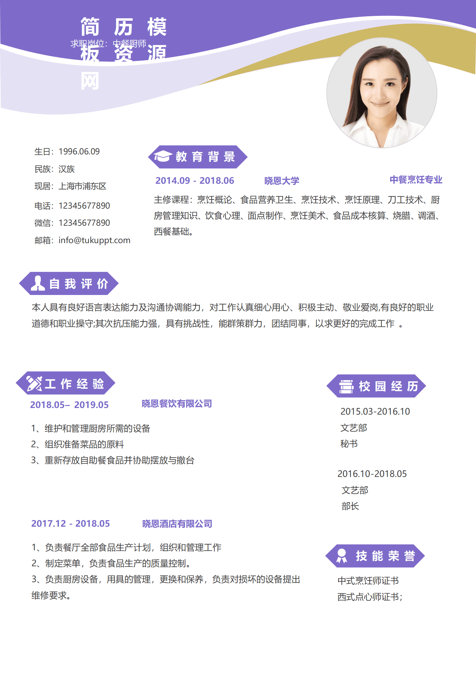 厨师应聘简历空白模板