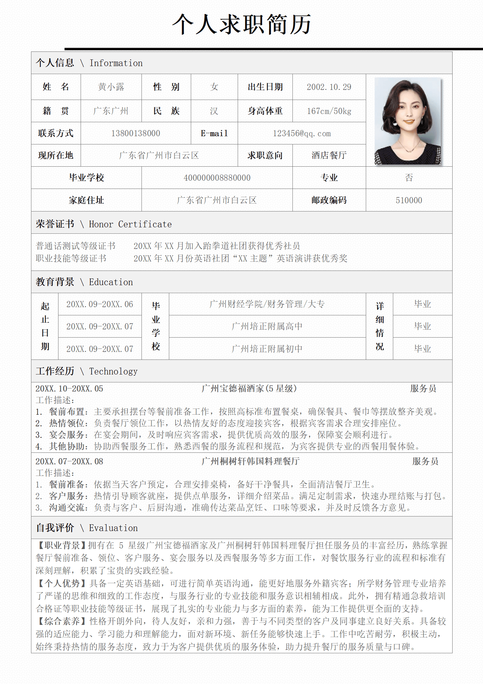 国际酒店大堂经理简历