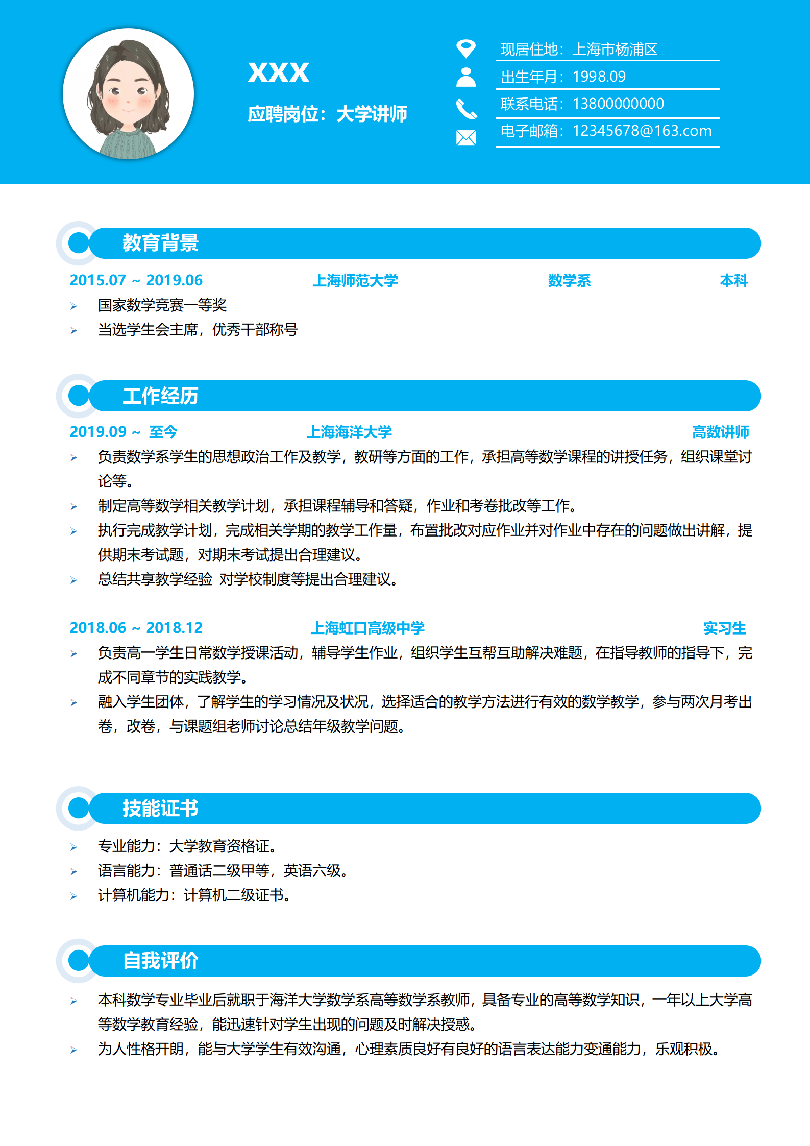 蓝色大学老师讲师简历