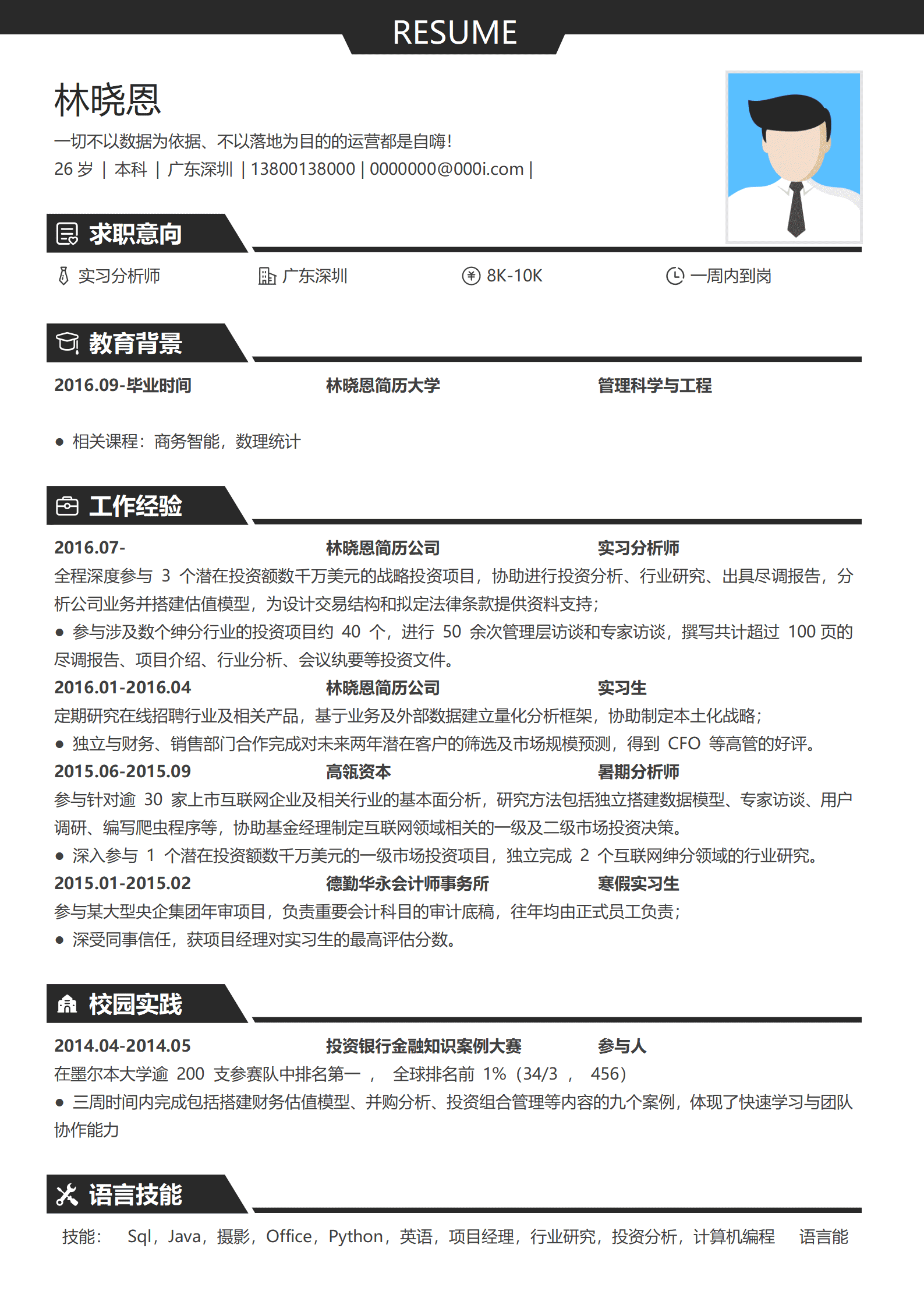 战略投资分析师简历模板