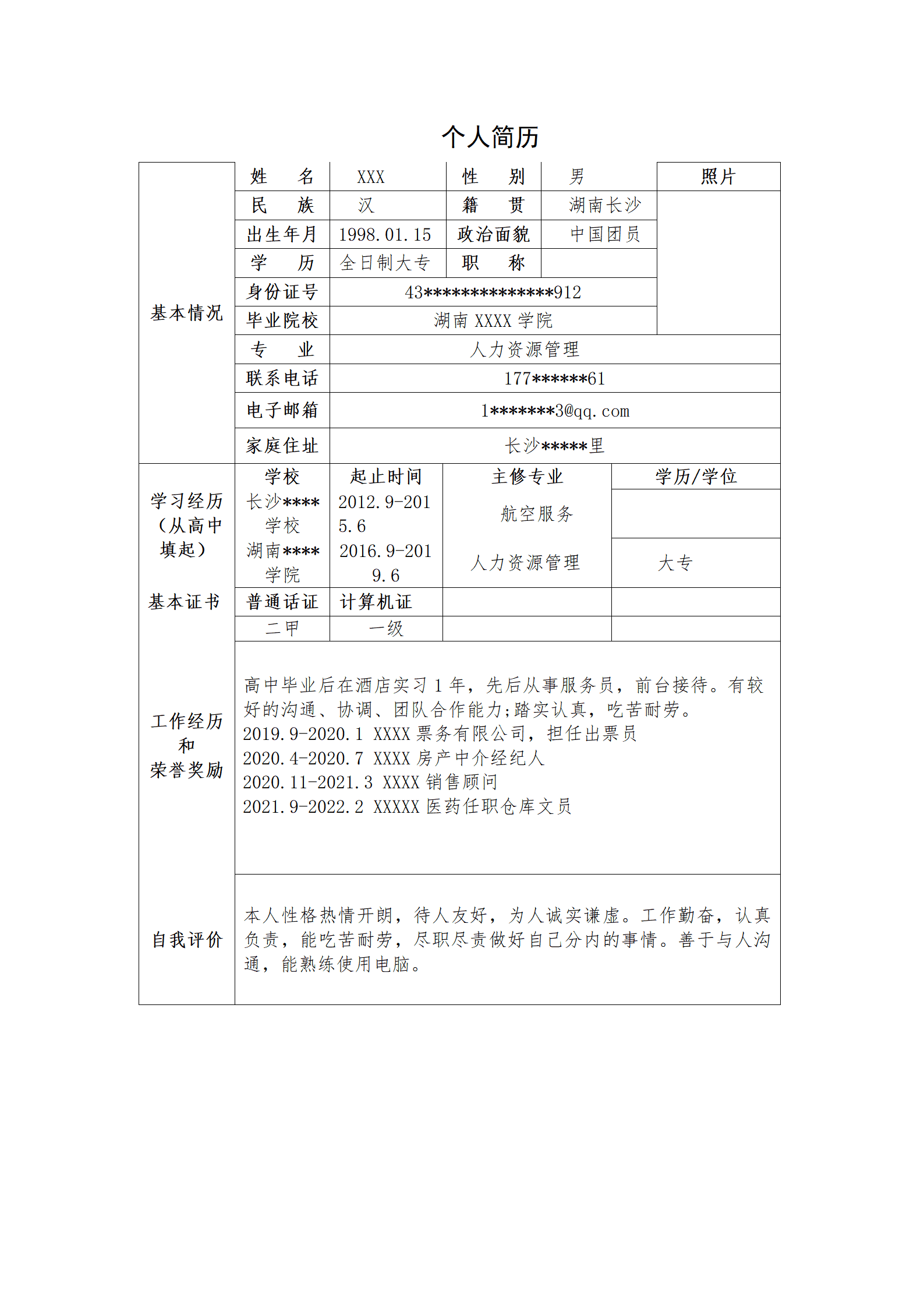 人力资源管理人事相关岗位求职简历模板
