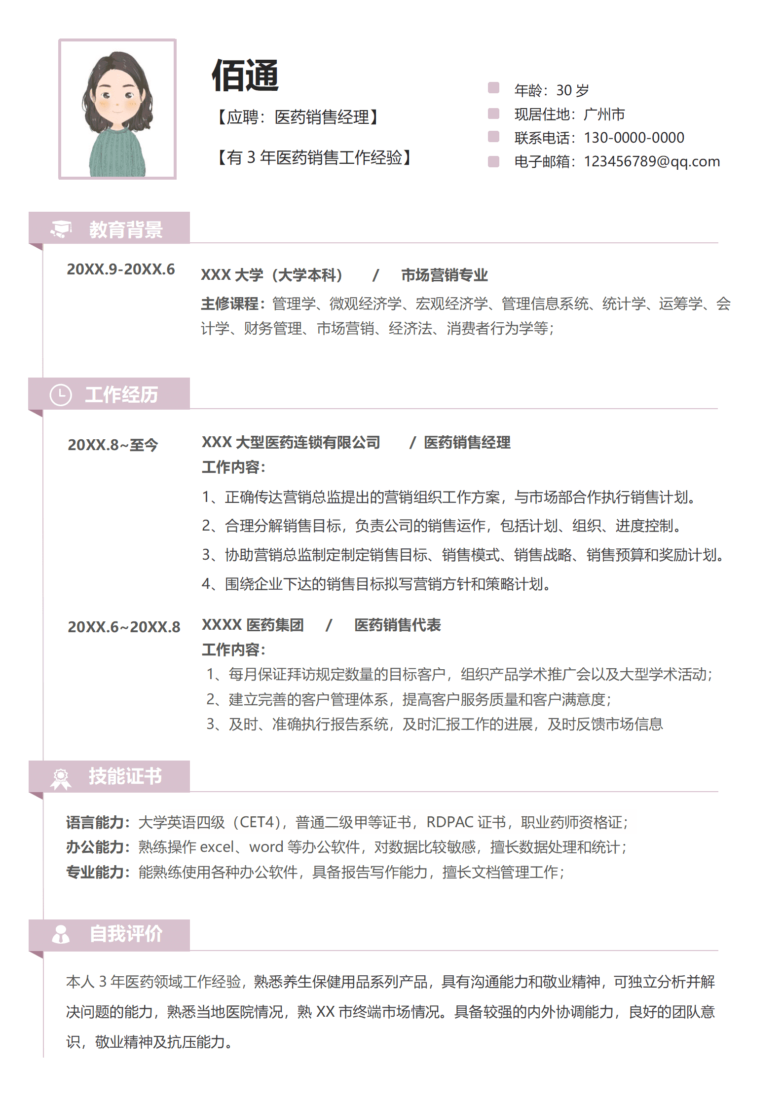 粉色3年经验医药销售经理求职简历