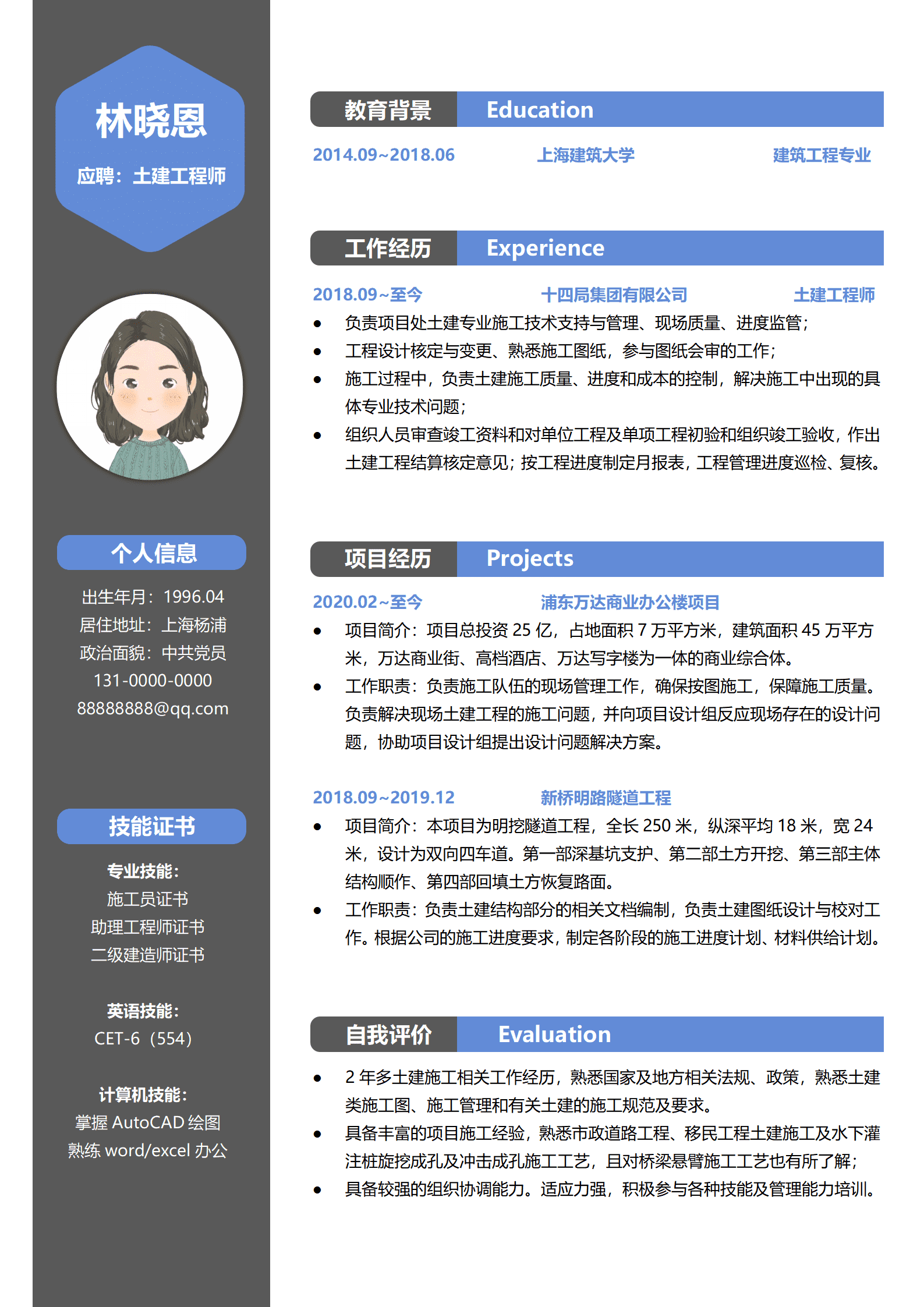 隧道工程项目土建工程师简历模板