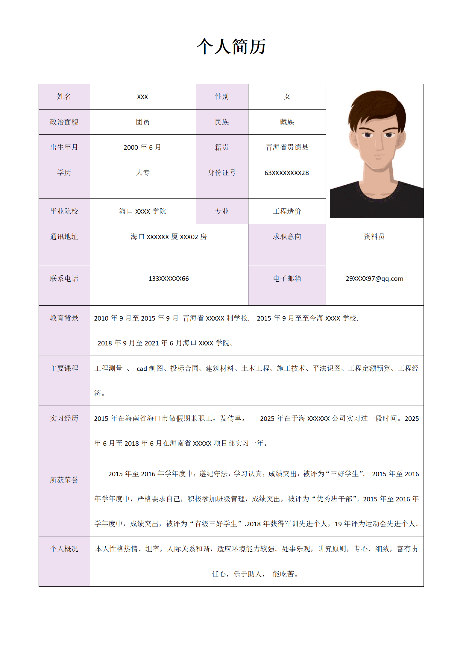 工程造价类相关专业应届生求职简历模板