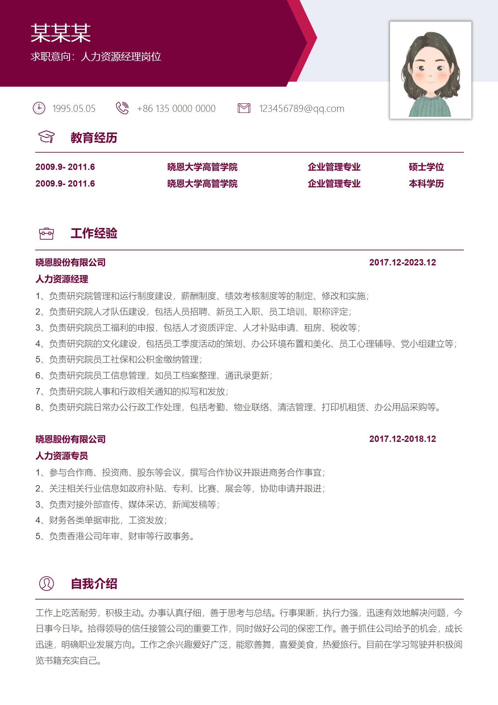 人力经理求职必备简历模板