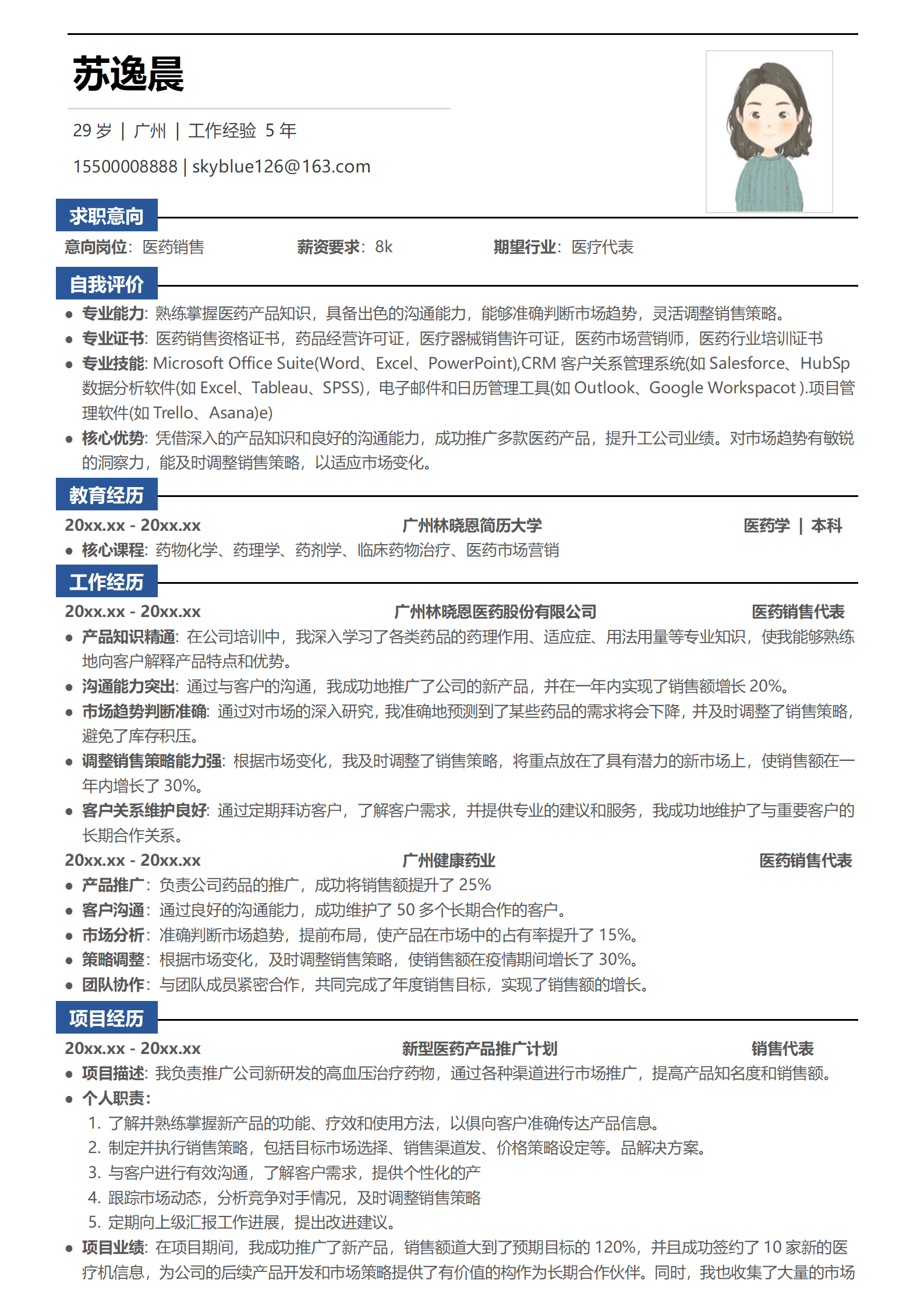 厂家医药销售代表简历