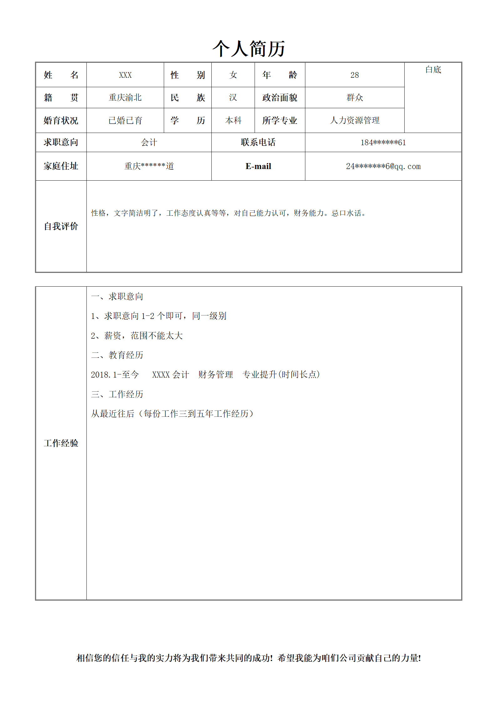 财务会计出纳统计相关岗位求职简历模板(1)
