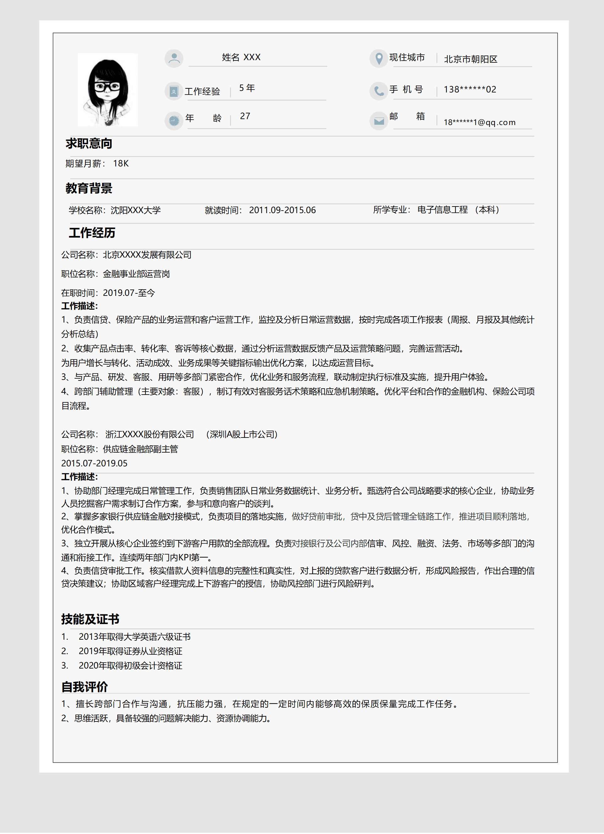 金融运营管理类相关岗位求职简历模板