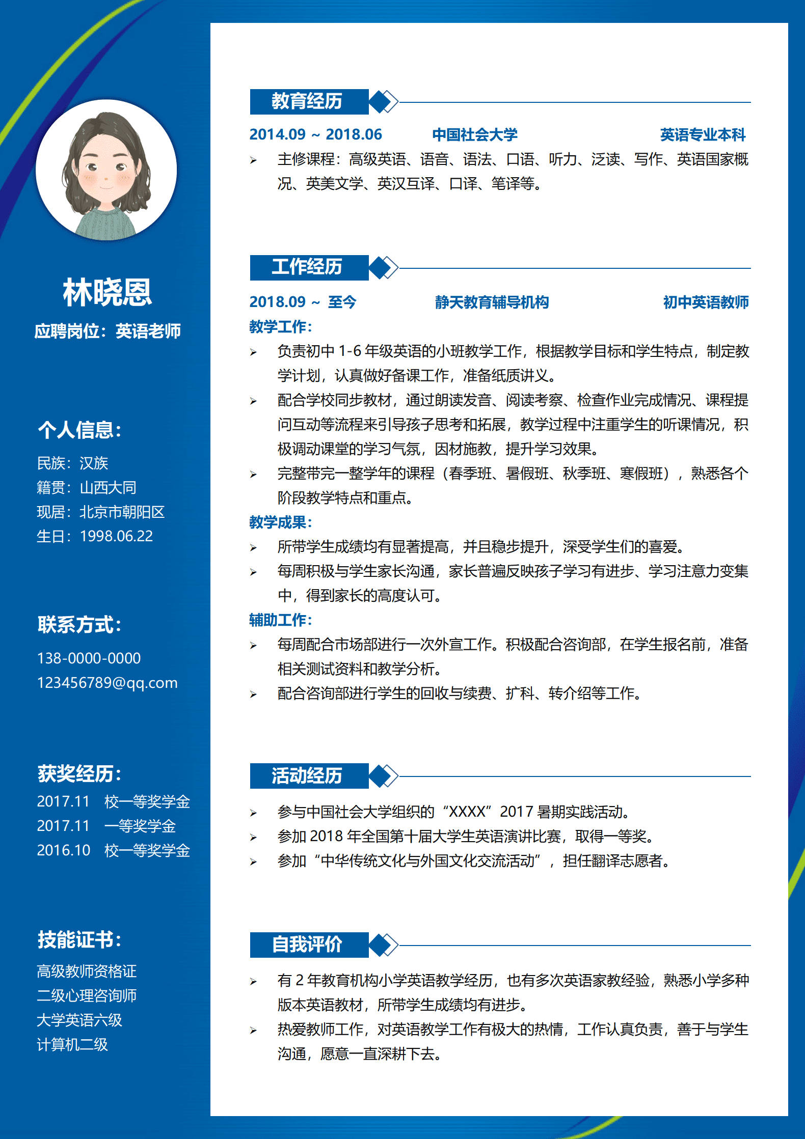 英语老师个人简历模板（教学成果突出）