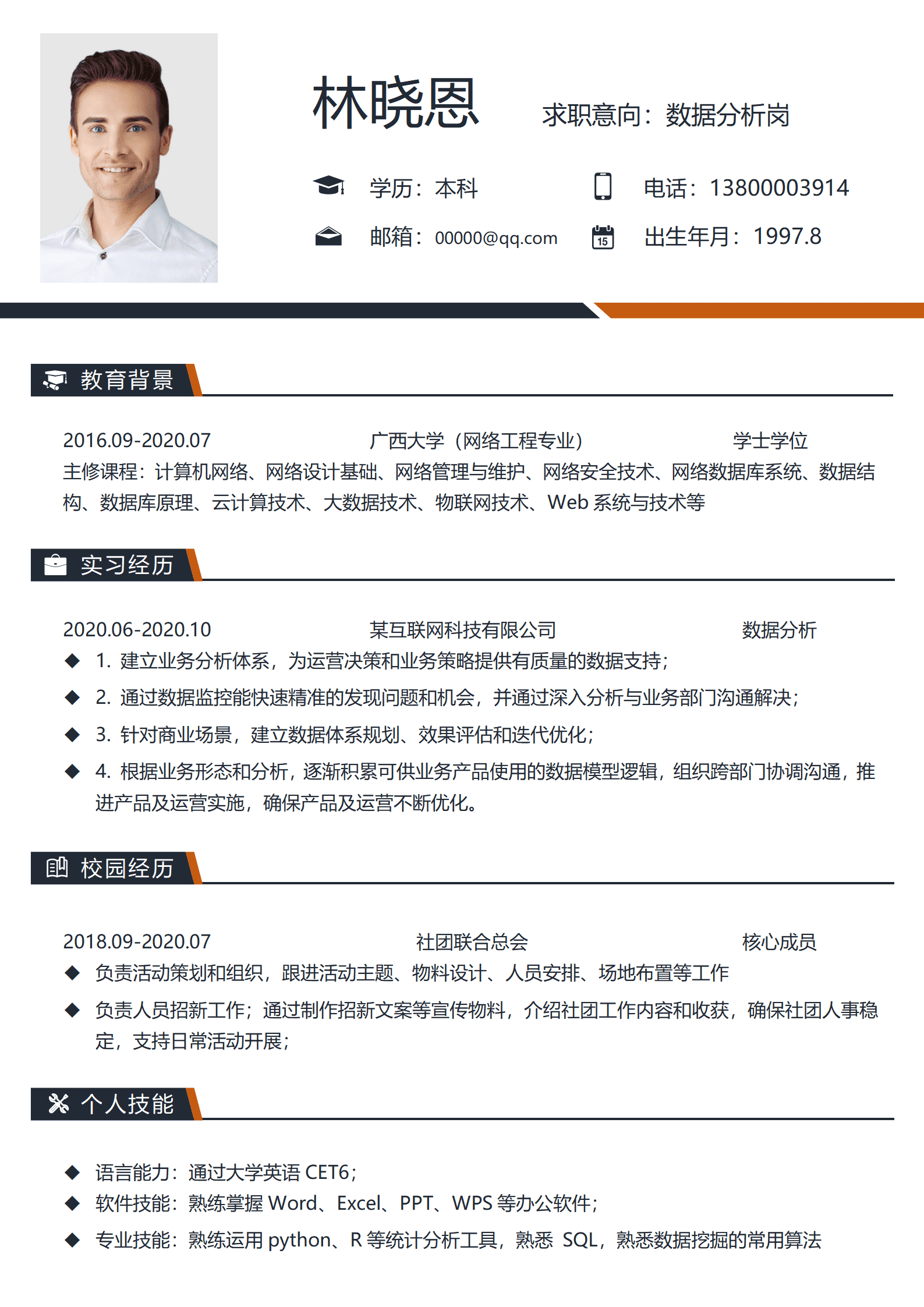 网络工程背景简历模板 PythonR统计分析