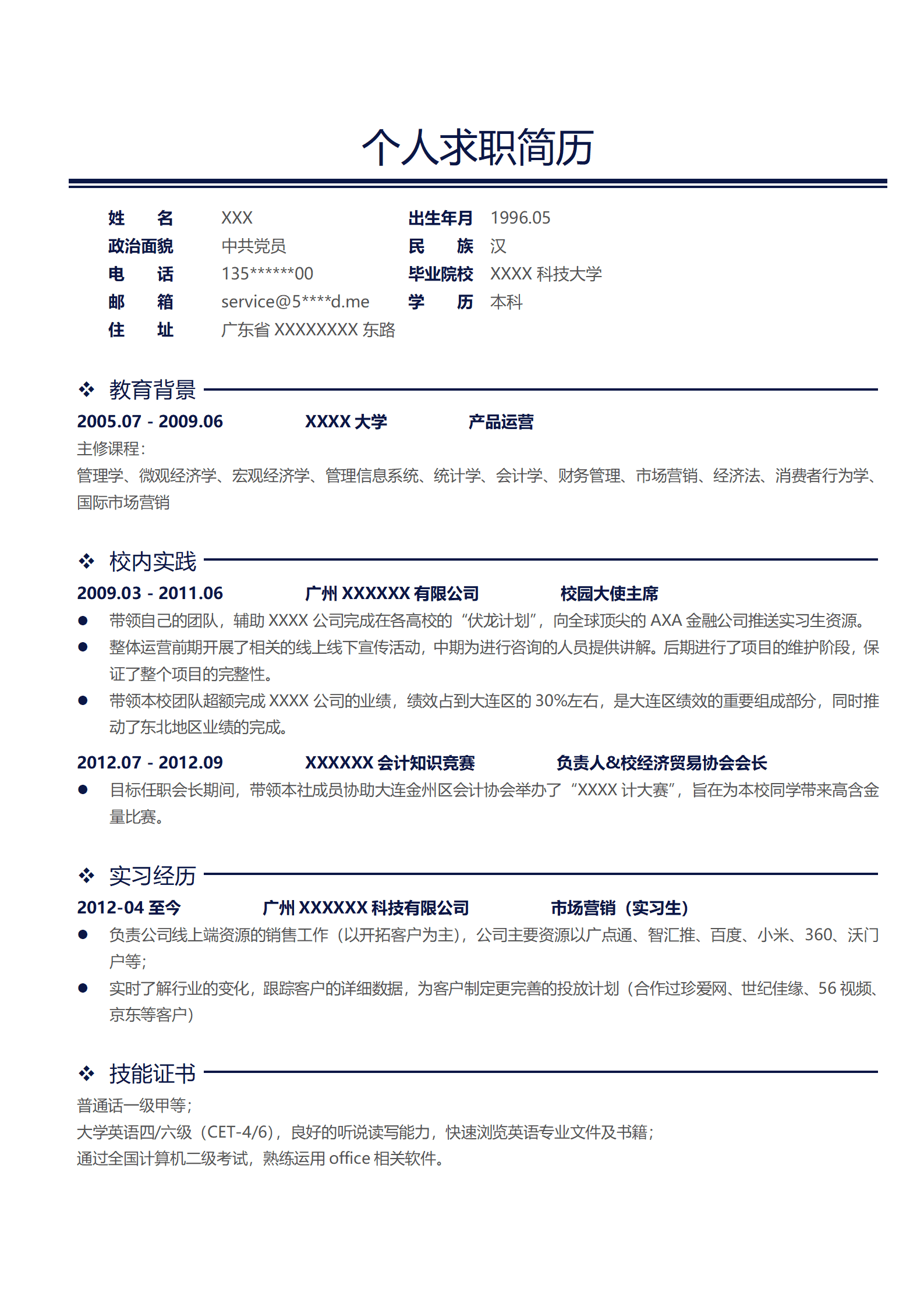 电子商务网络产品营运类岗位求职简历模板