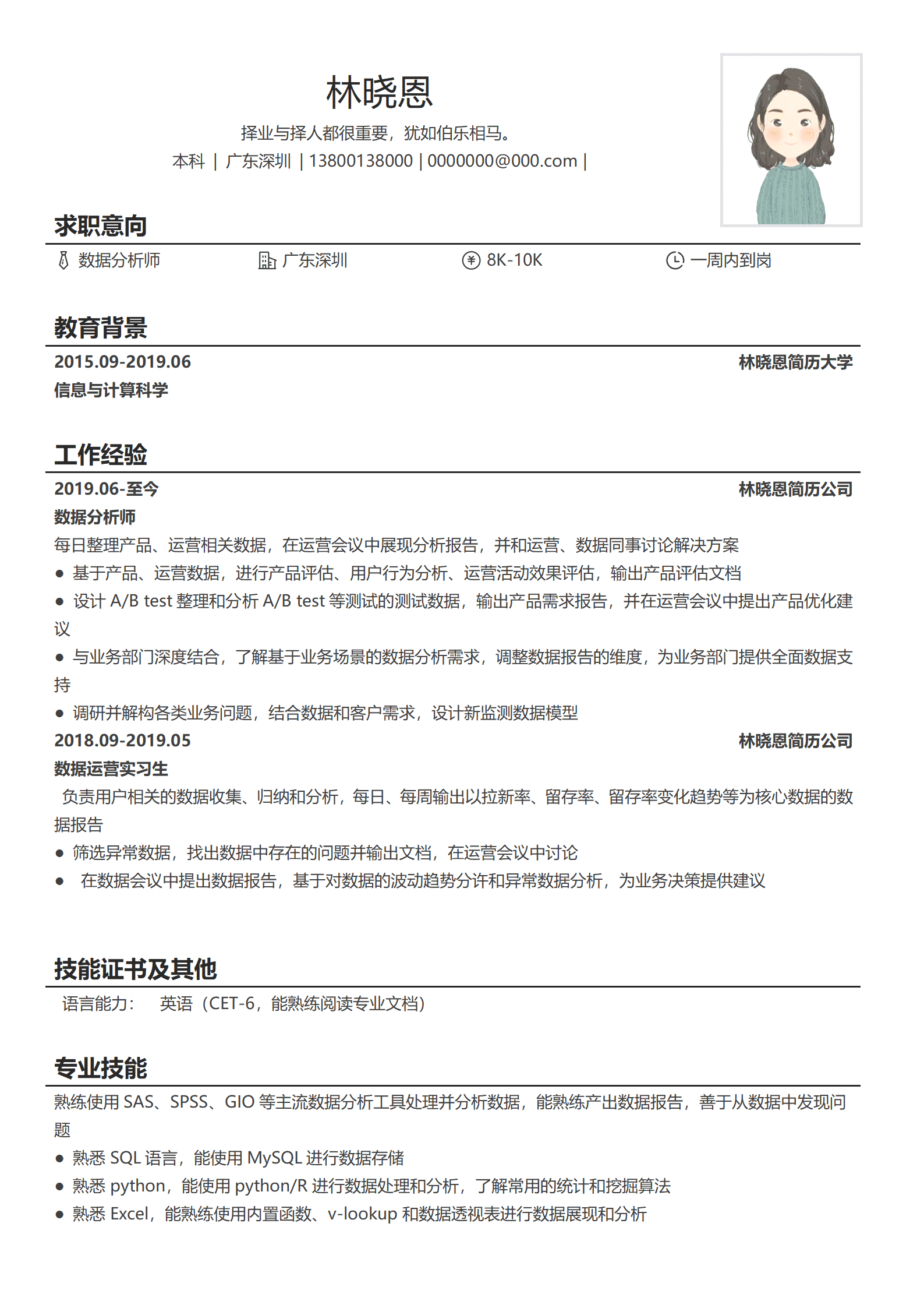 数据运营实习简历模板 业务场景分析经验