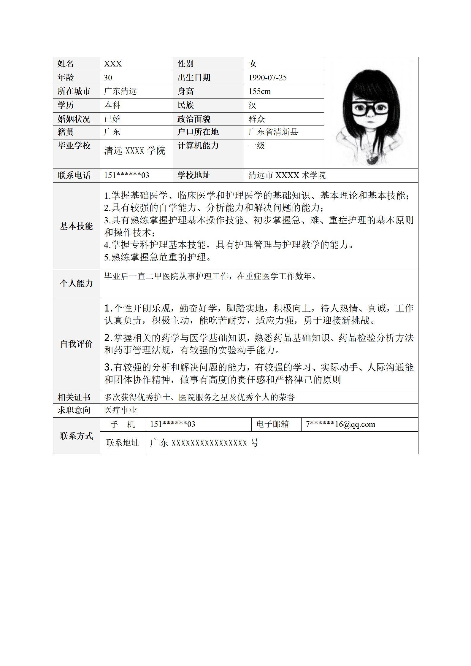 医疗护士护理类相关岗位求职简历模板