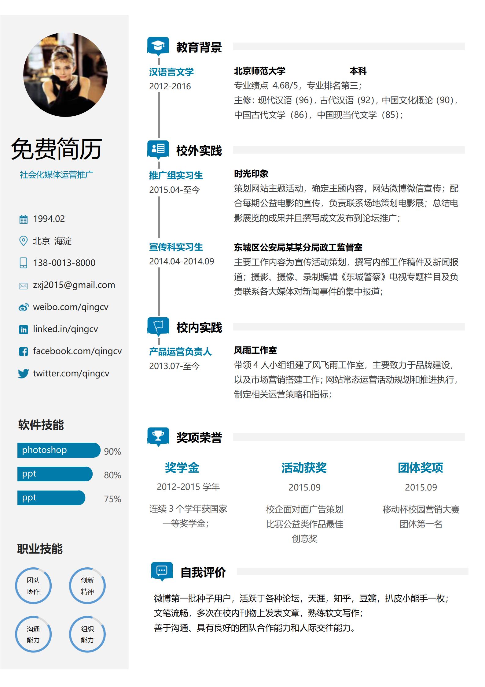 社会化媒体运营推广免费简历模板